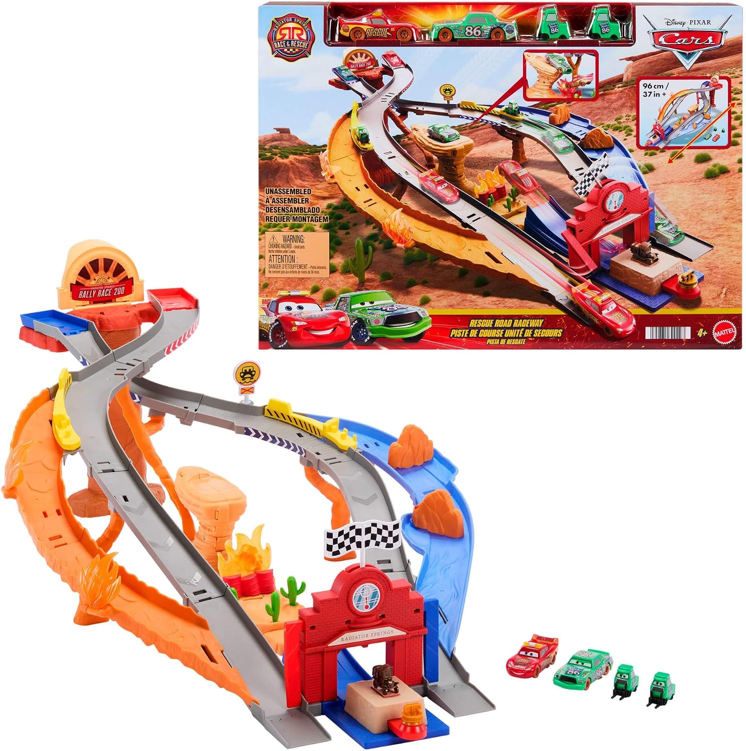 Detalle de Mattel Cars Coffret Piste de Course Rescue Road Course (Radiator Springs) avec Flash McQueen, Chick Hicks et 2 véhicules Pitty – JFL57