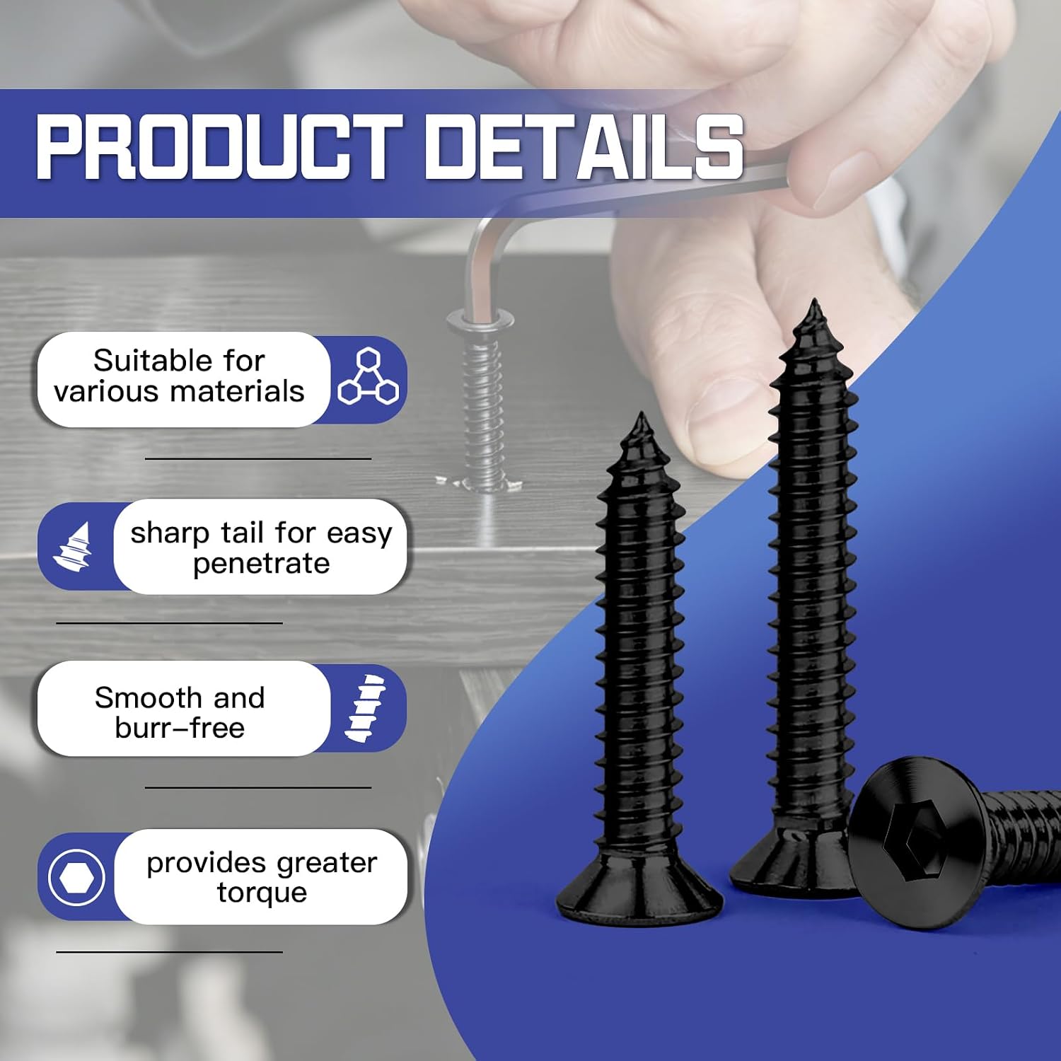 Detalle de INDPROD #8 x 1/2" Self-Tapping Screws, 200-Piece Black Zinc Set