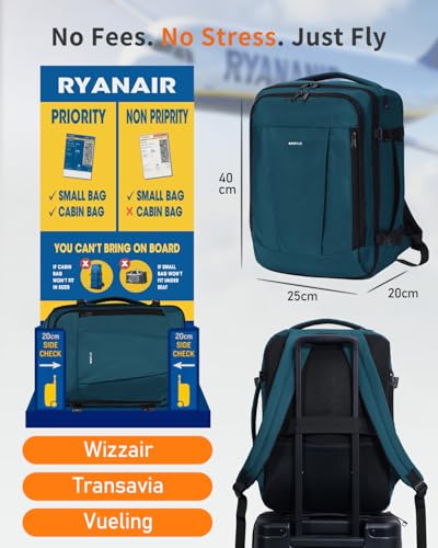 Thumbnail 1 de ECOHUB Mochila de cabina para avión 40x30x20 Ryanair, 24L y 13 compartimentos (azul/verde) reciclada