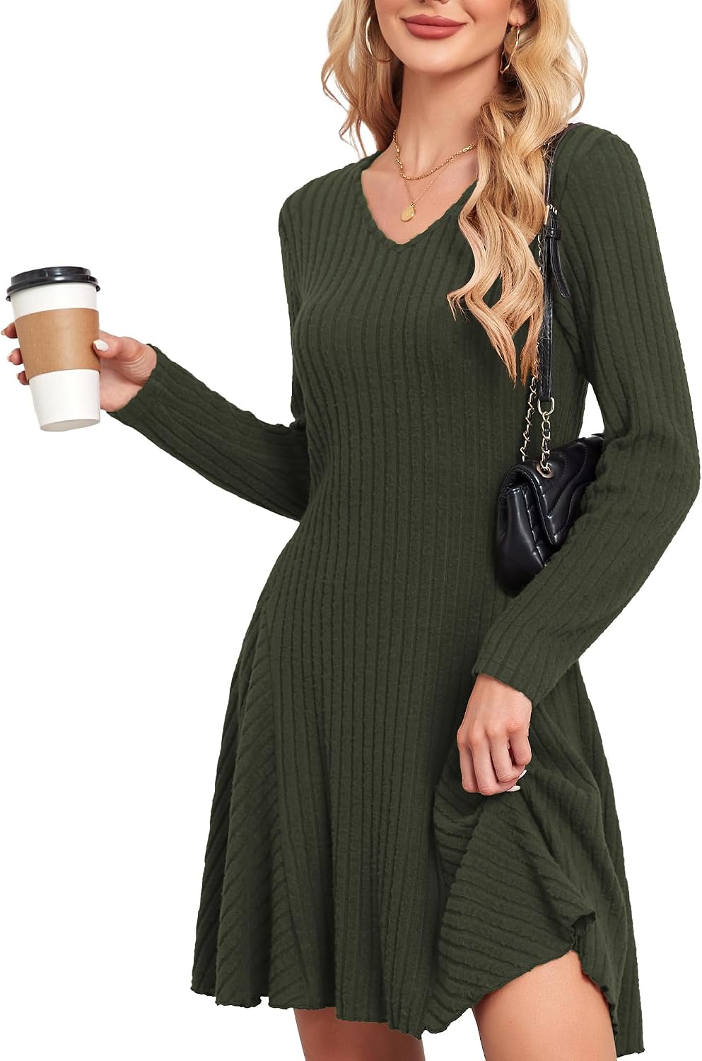 Detalle de Robe pull tricotée femme SENBATU à col en V et manches longues