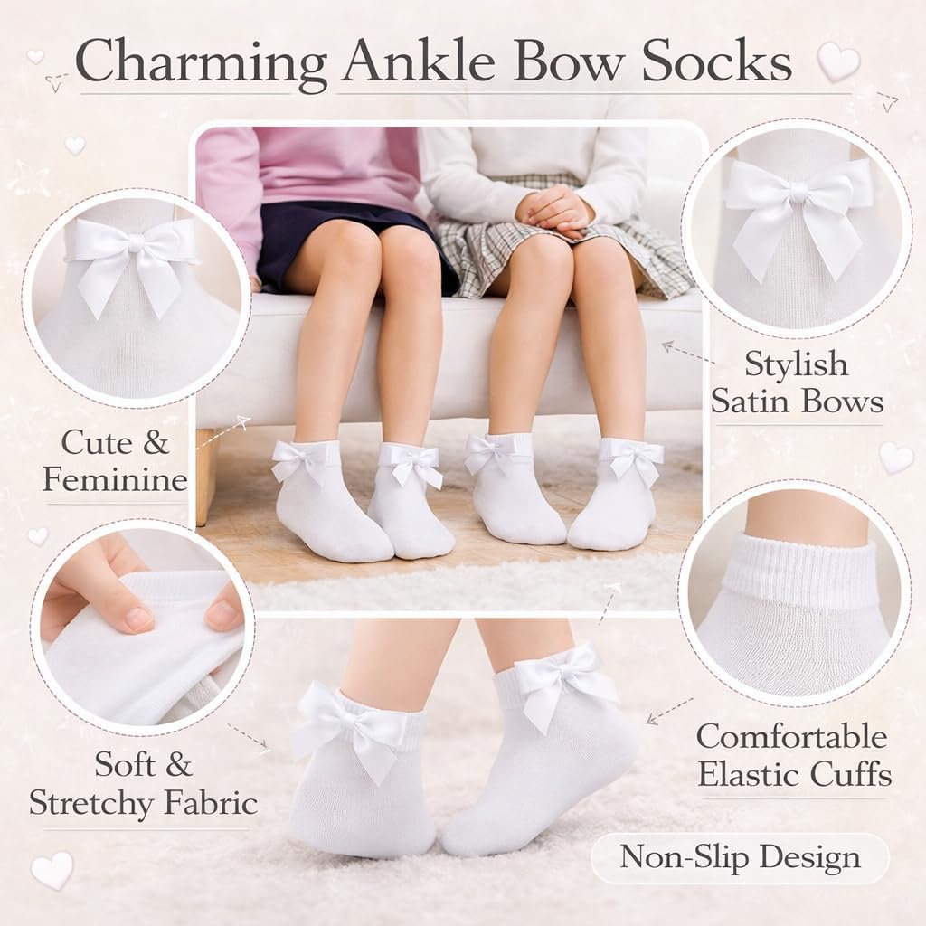 Thumbnail 4 de COSHAL 3 Pairs Girls Ankle Bow Socks – Cotton Rich, Non-Slip School Uniform Pack