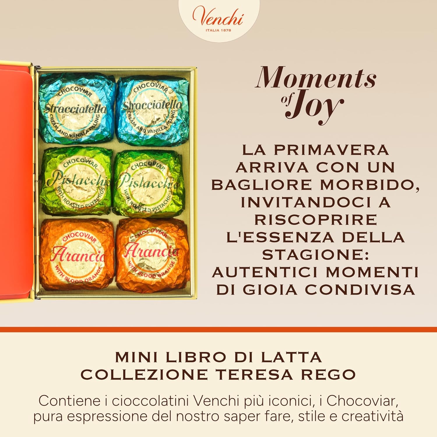 Detalle de Venchi Mini Libro di Latta 117 g – 6 Cioccolatini Chocoviar assortiti, Collezione Primavera, senza glutine, idea regalo Festa della Mamma