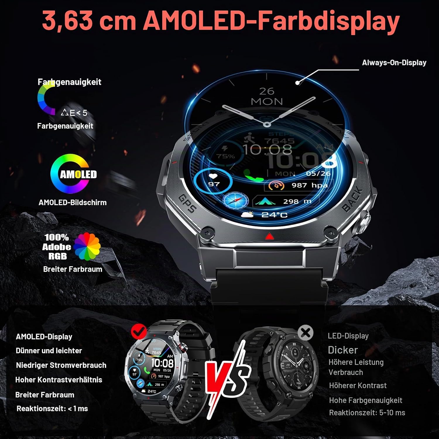 Thumbnail 2 de Jugeman Smartwatch Herren GPS – 1,43 Zoll AMOLED Fitnessuhr mit Bluetooth Anrufen