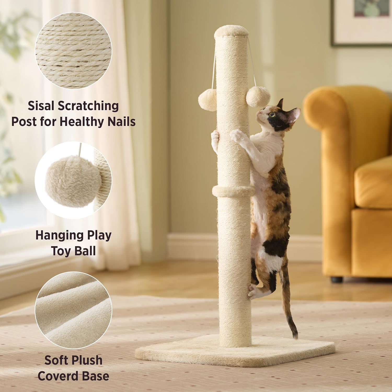Thumbnail 2 de Lesure Kratzsäule Mittelgroß für Indoor-Katzen (36 × 36 × 74 cm) mit hängendem Spielball, Sisalseil & stabiler Basis – Beige