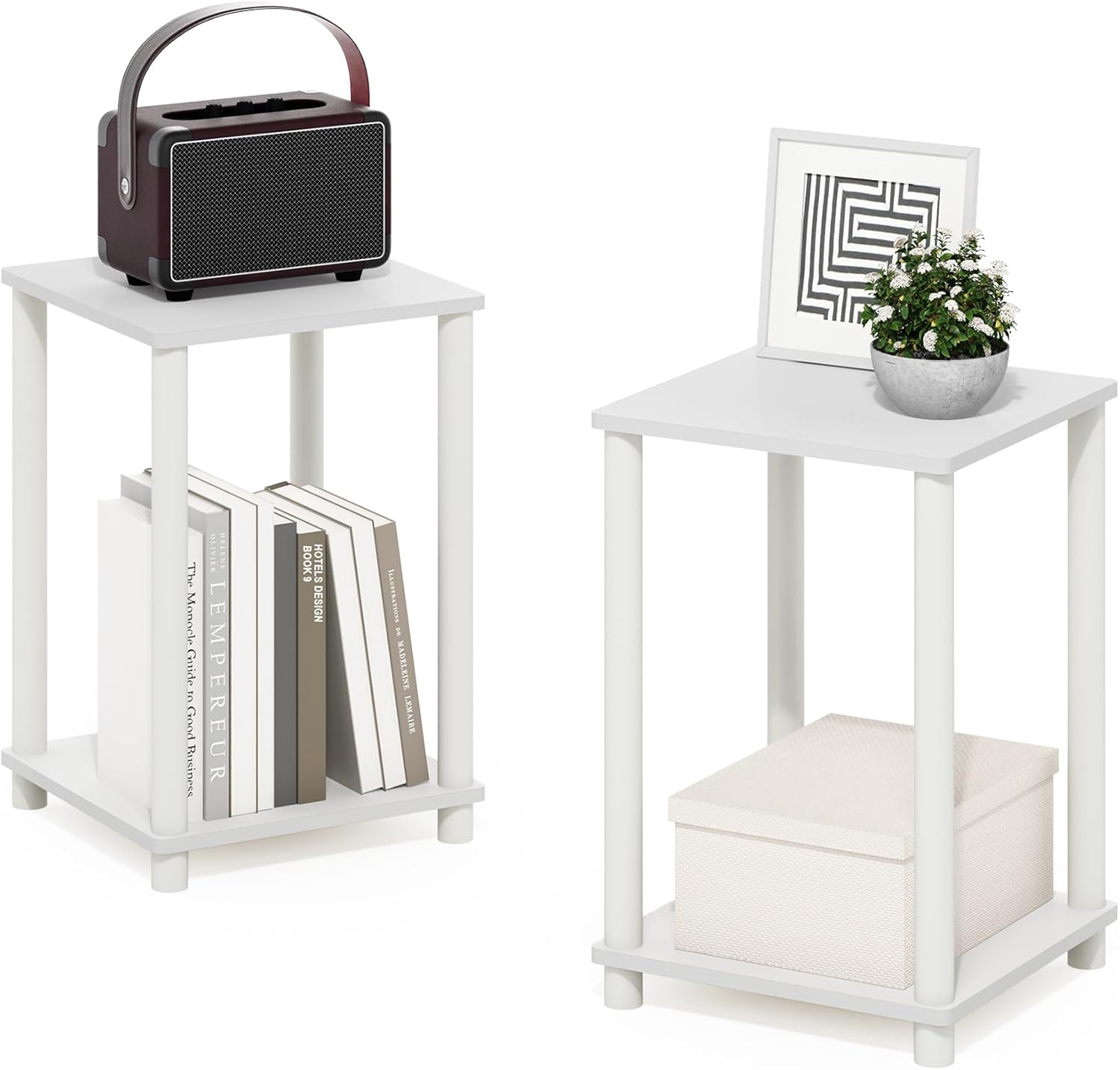 Detalle de Furinno TURN-N-TUBE Tavolino Laterale Set di 2 – 2 Ripiani, Impilabili, Senza Attrezzi, Bianco