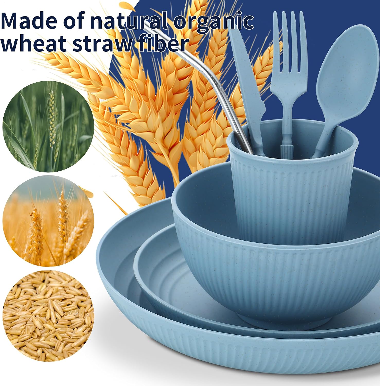 Detalle de Wheat Straw Dinnerware Sets, 64-Piece Seaside Color – Unbreakable, Reusable, Microwave-Safe