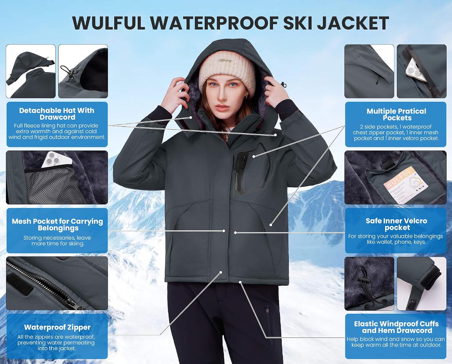 Thumbnail 4 de WULFUL Women's Waterproof Ski Jacket, Fleece Lined