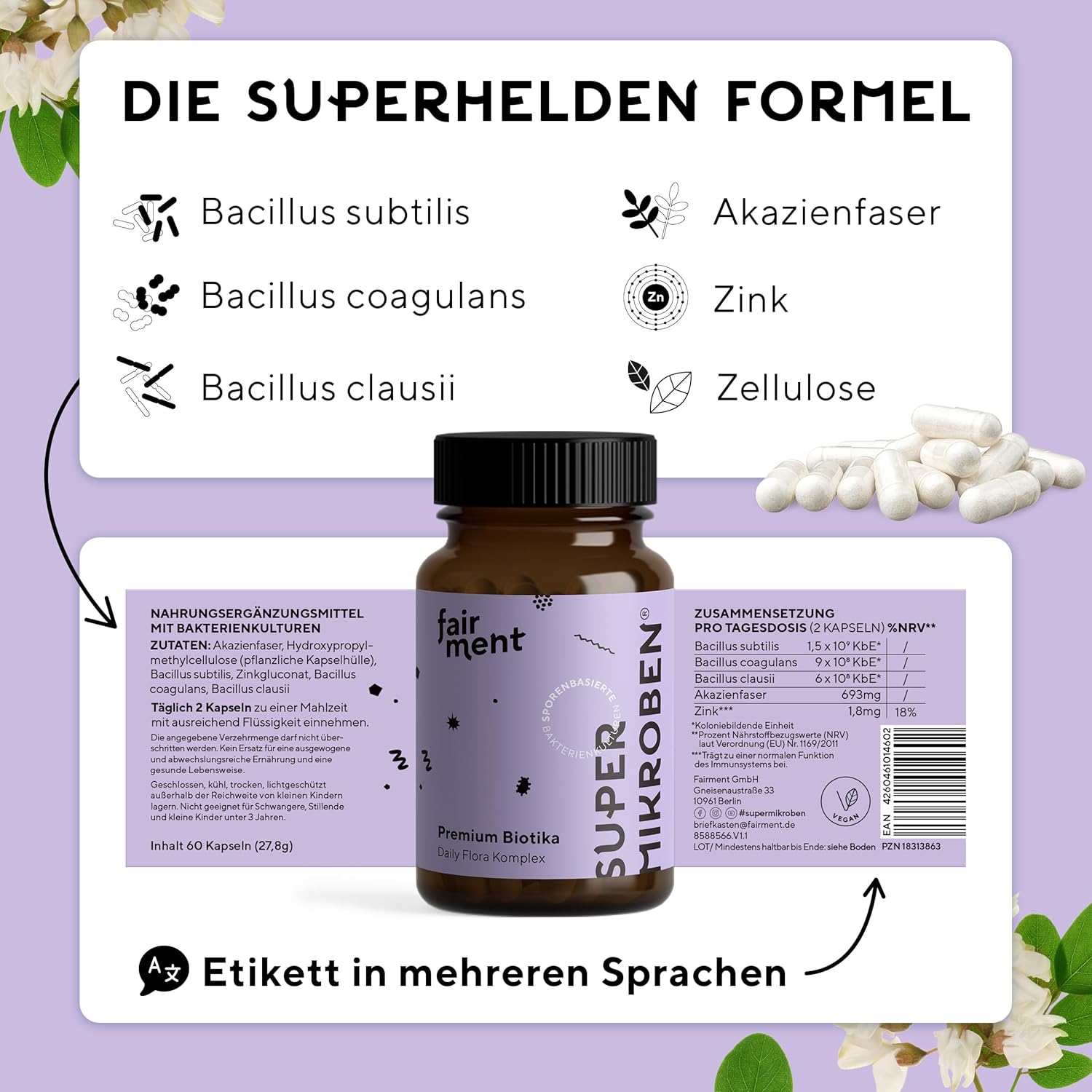 Thumbnail 1 de fairment SuperMikroben® Bakterien Stämme 3 MRD Kapseln mit Zink – 60 Tagesdosen, vegan