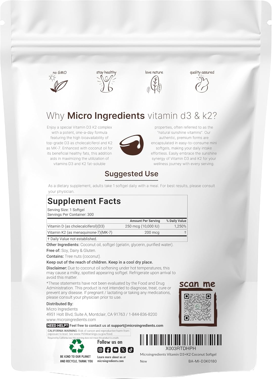 Detalle 2 de Micro Ingredients Vitamin D3 + K2 Supplement, 300 Softgels