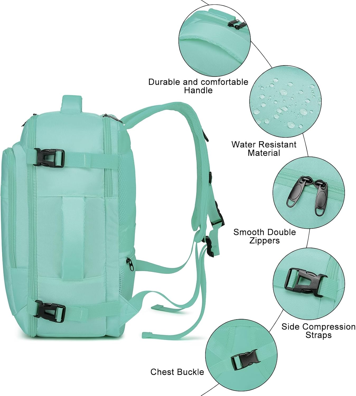 Detalle de ENZOSUM Bagages Cabine 40x20x25, Sac à Dos de Voyage Vert pour Ryanair et 14'' Laptop