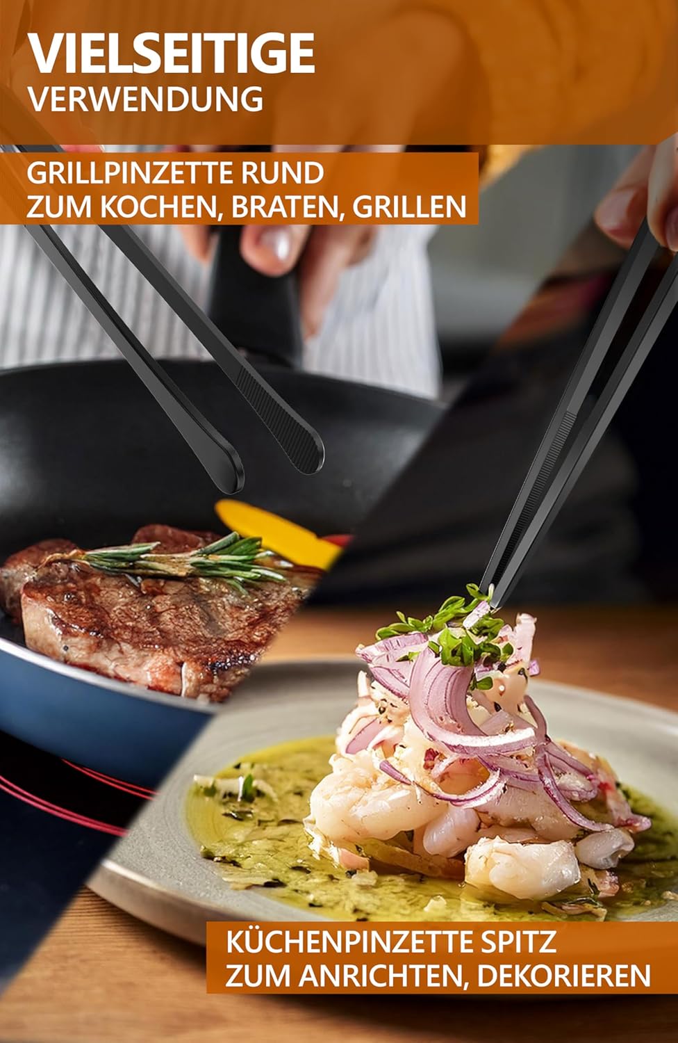 Thumbnail 2 de 4smile Kochpinzette, 2er-Set in Schwarz – Edelstahl-Kochpinzette, 30 cm, Rund & Spitz, zugleich Grillpinzette und Dekorationspinzette