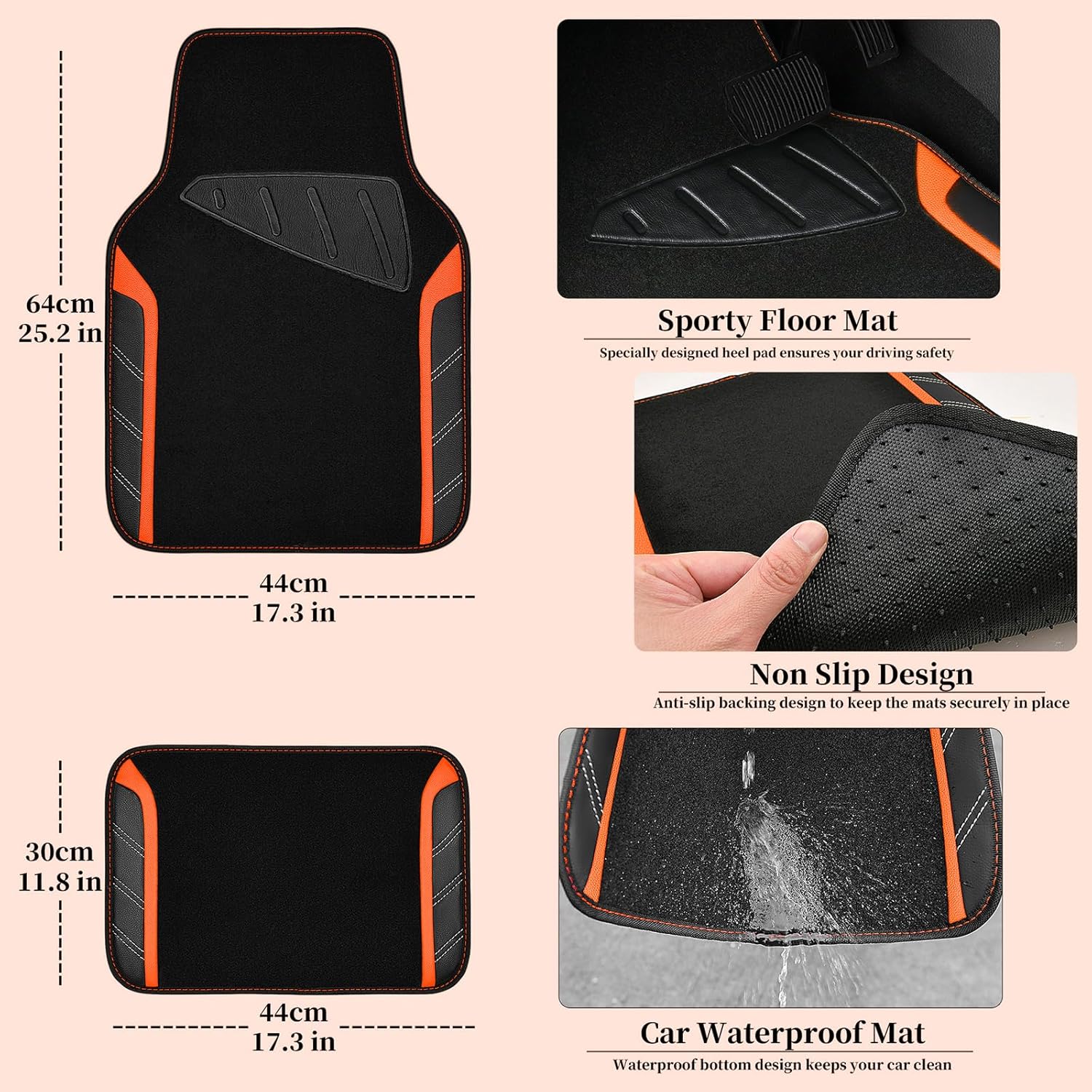 Thumbnail 3 de CAR PASS Leather Steering Wheel Cover and Waterproof Floor Mats Combo for 95% of Cars — 14.5–15 inch, Orange Sporty Lux Feel