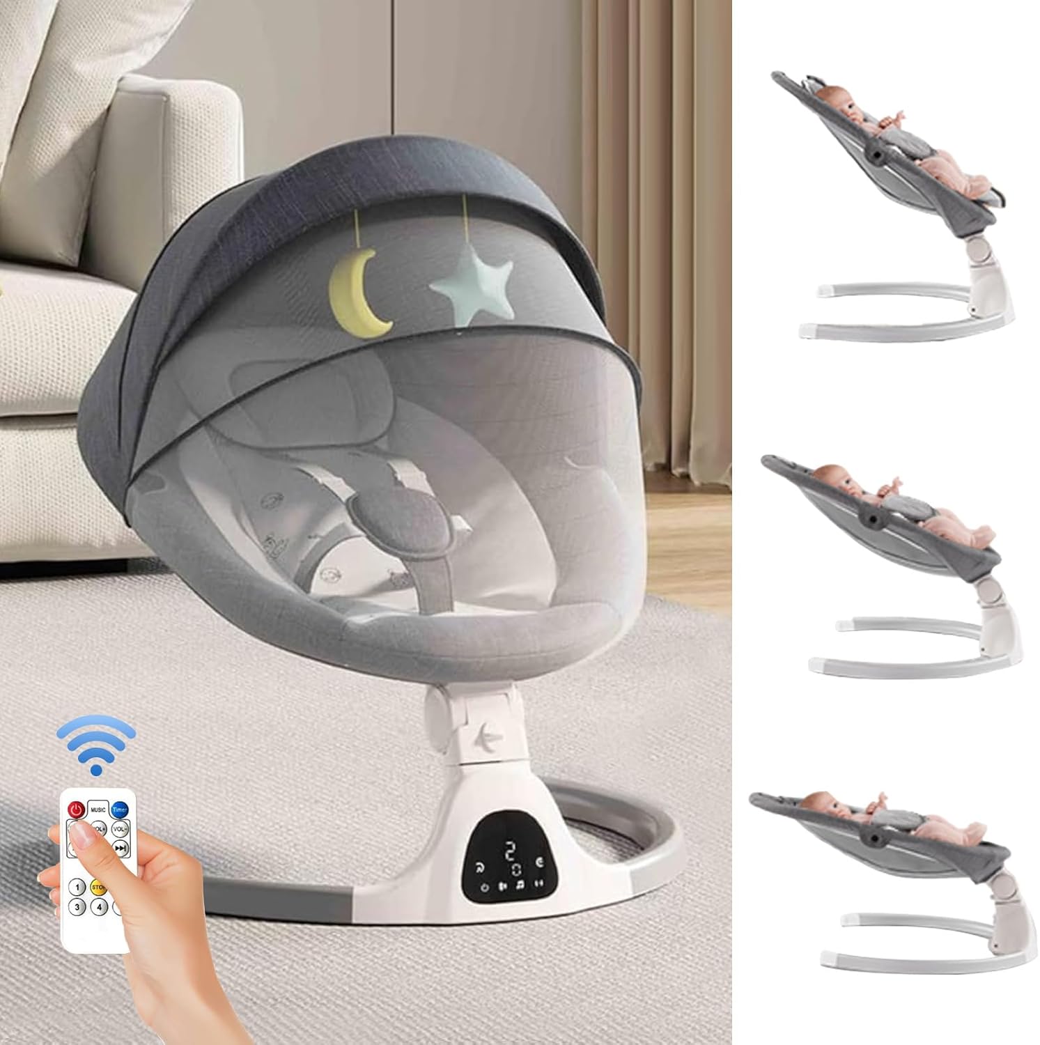 Thumbnail 6 de Adjustable Height Baby Swing for Infants to Toddler – Electric Bluetooth Swing with Remote (Grey)