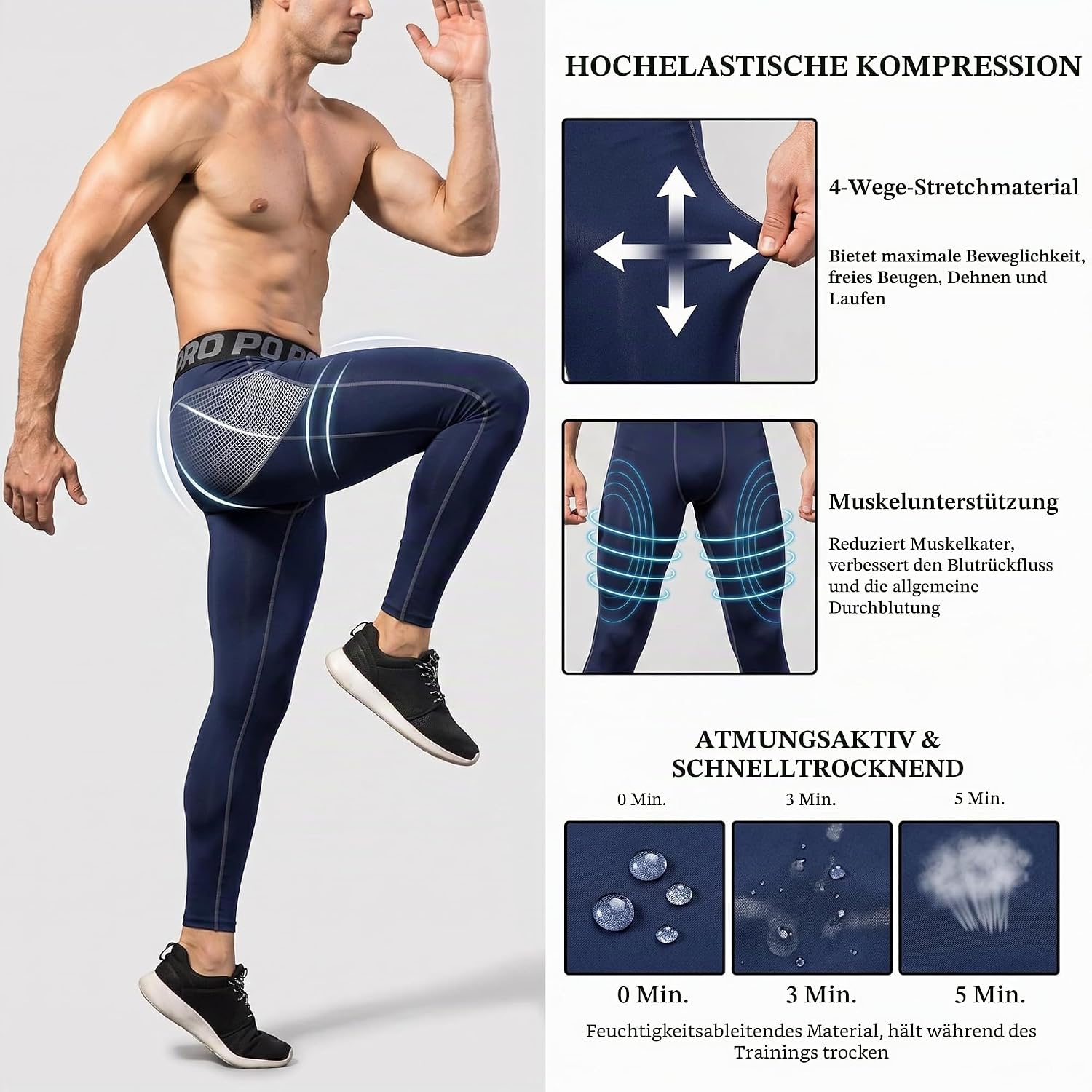 Detalle de YUSHOW 3er Pack Kompressionshose Herren – Lang, Atmungsaktiv, Tight Fit