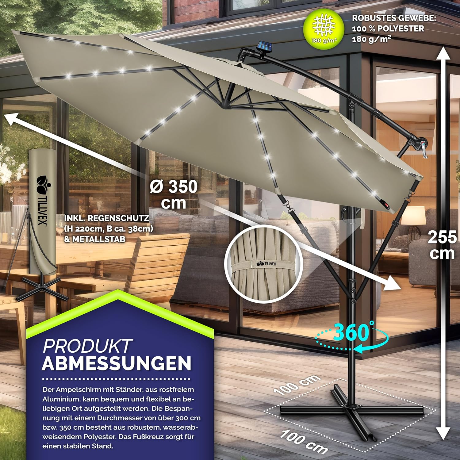 Thumbnail 4 de tillvex Parasol déporté LED solaire hexagonal 3 m avec manivelle (UPF 50+, aluminium)