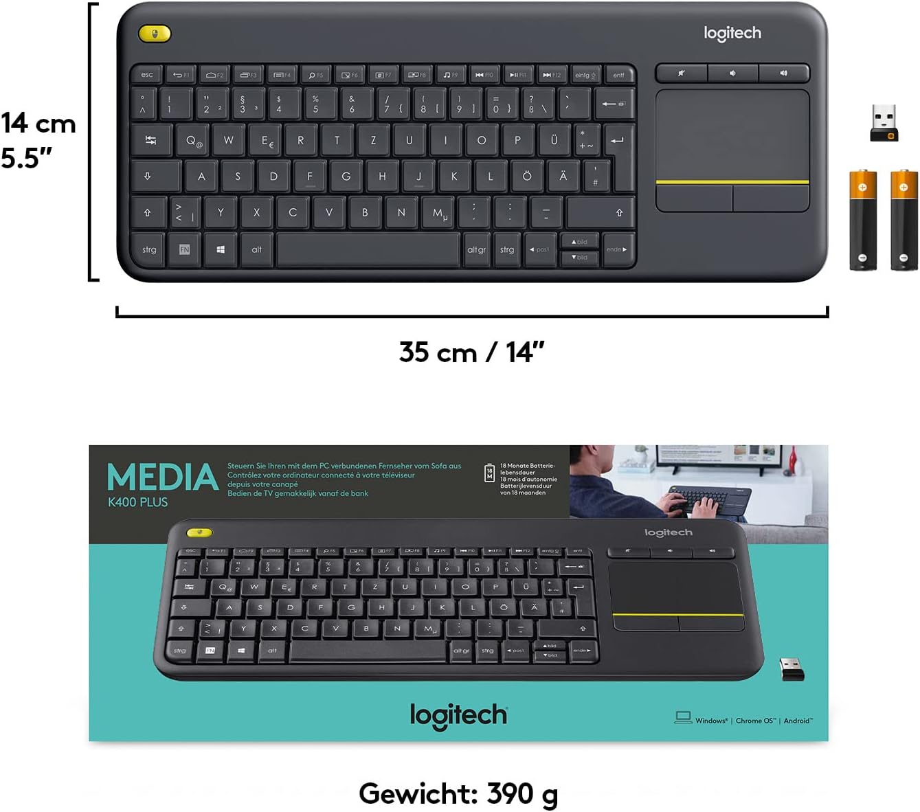 Detalle de Logitech K400 Plus Kabellose Touch-TV-Tastatur mit integriertem Touchpad (DEU QWERTZ)