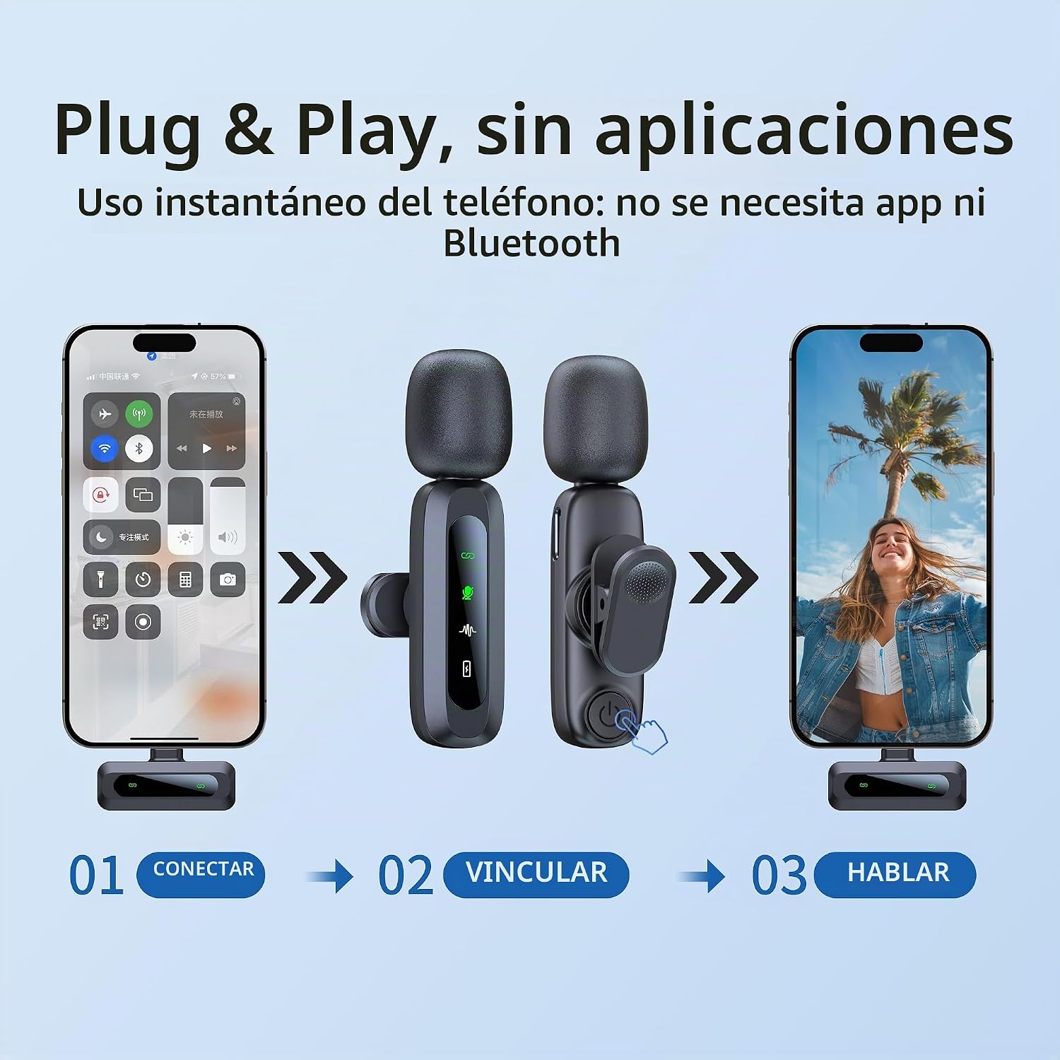 Detalle de Uewpv Micrófono Lavalier inalámbrico para iPhone y USB-C: sonido claro para Vlogs y TikTok