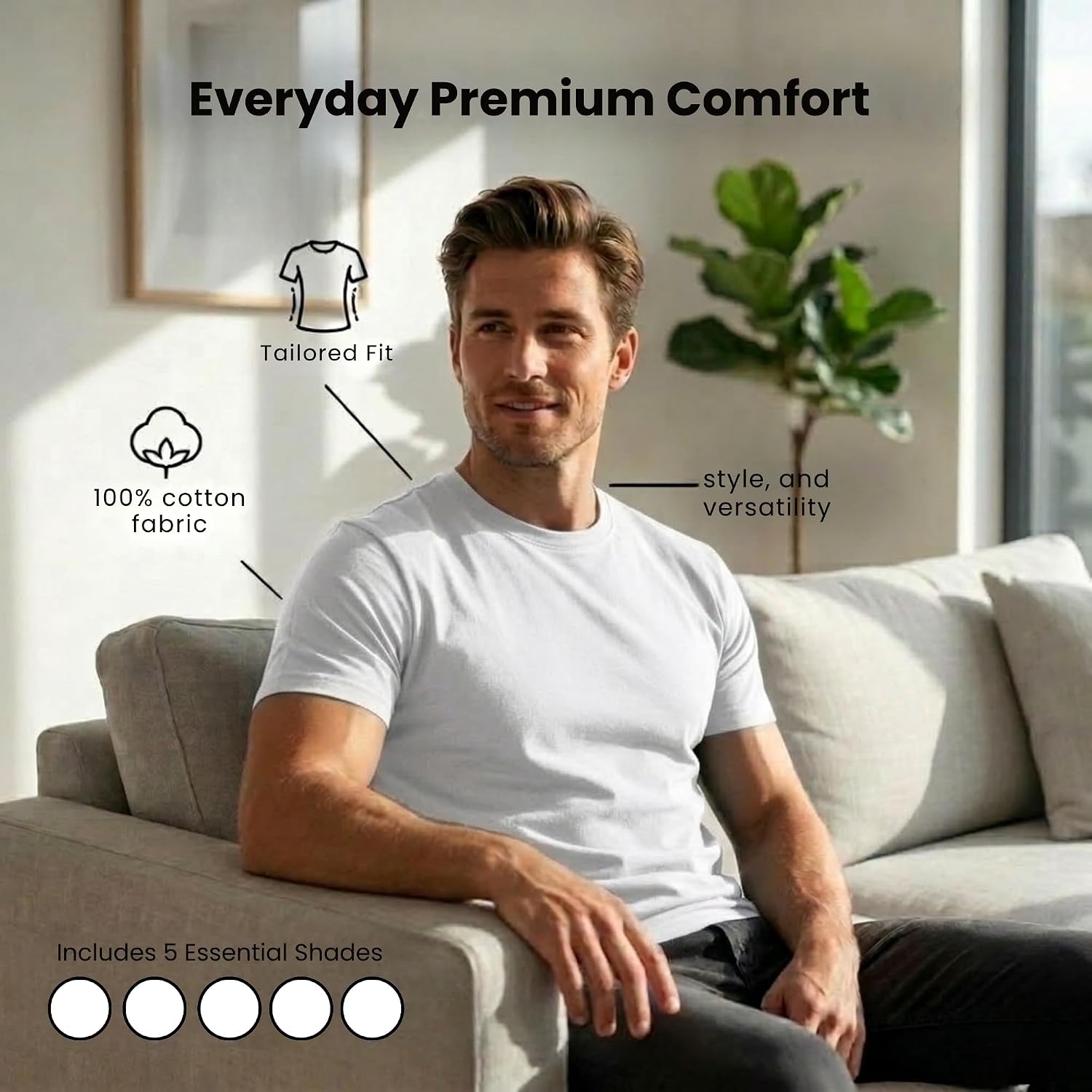 Thumbnail 2 de Xact Men’s Plain Cotton T-Shirts 5 Pack (Crew Neck, Regular Fit) – 160 GSM Everyday Tees