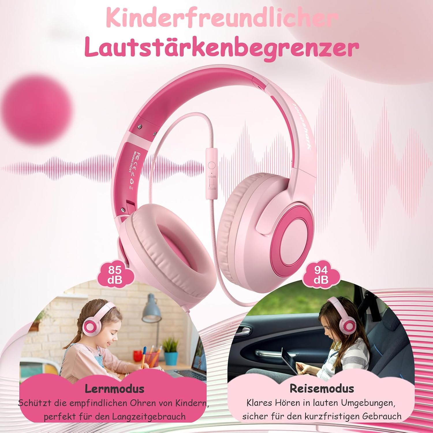 Detalle de TONOSHARK Kinderkopfhörer mit Kabel klappbar (3,5-mm-Klinke), Mikrofon, Gehörschutz 85/94 dB – Rosa