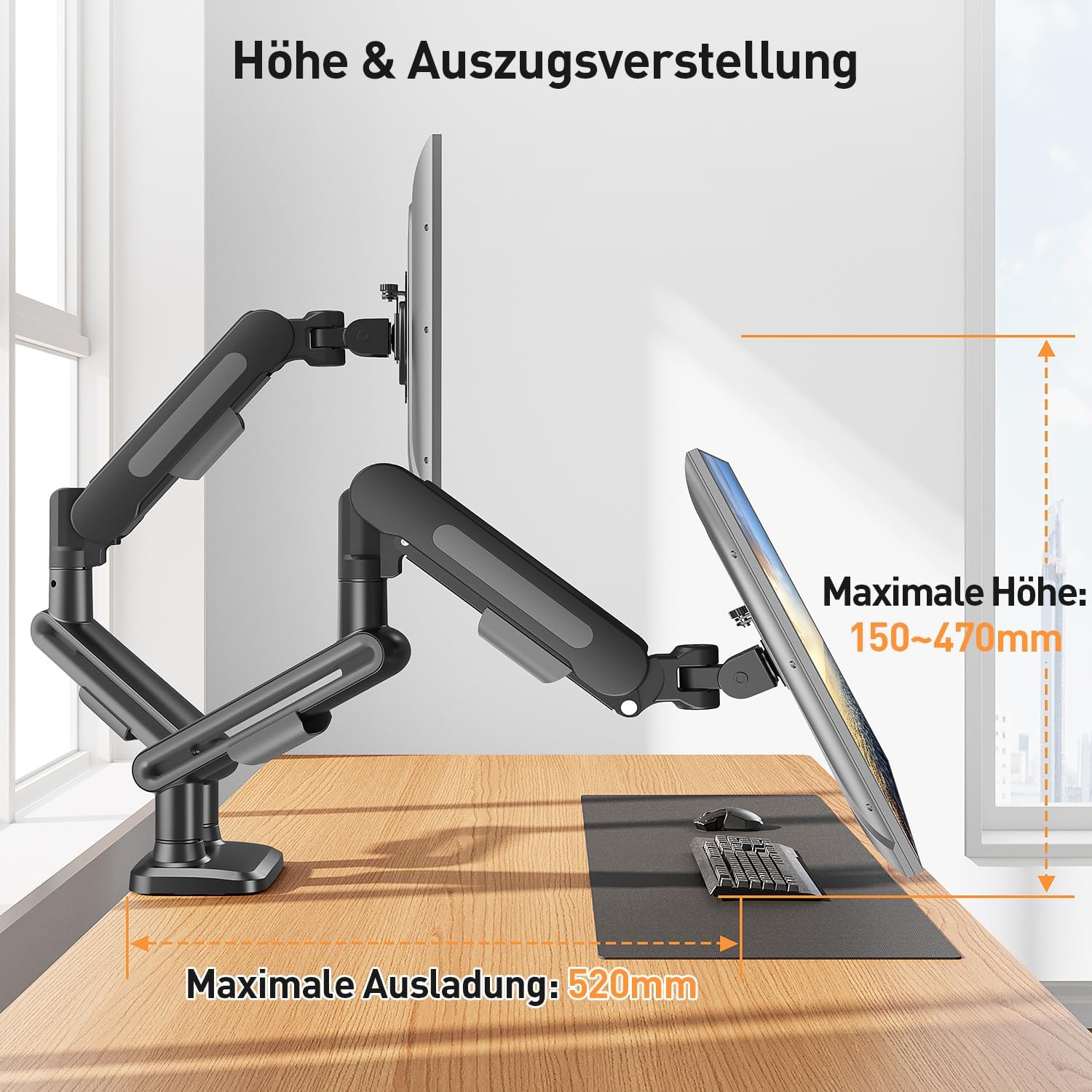 Detalle 2 de ELIVED EV3236B-G Monitor-Halterung für 2 Monitore (17–34 Zoll) mit VESA 75/100 mm, höhenverstellbar, drehbar, grau