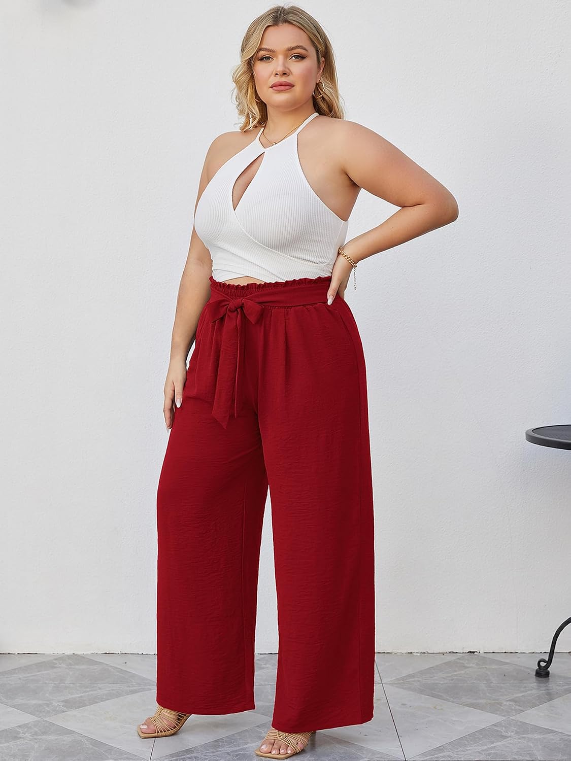Detalle de AusLook Plus-Size Wide-Leg Palazzo Pants with High Waist, Tie and Pockets