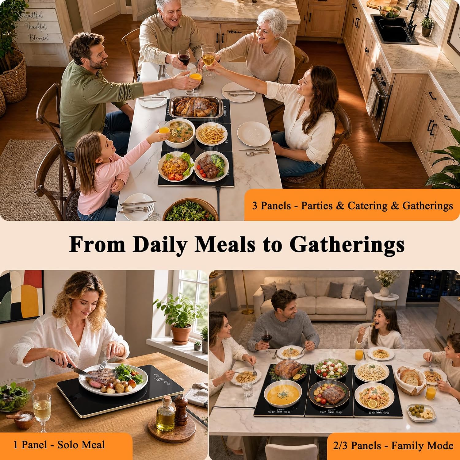 Detalle de FYY 3-Panel Electric Warming Tray with Tempered Glass, 13 Heat Levels and Timer