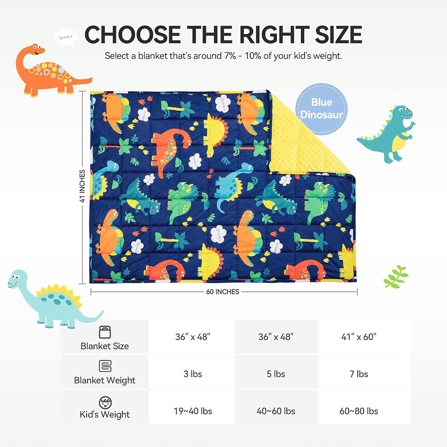 Detalle de Insugar Minky Fleece Couverture Weighted Blanket, 7 lb Blue Dinosaur