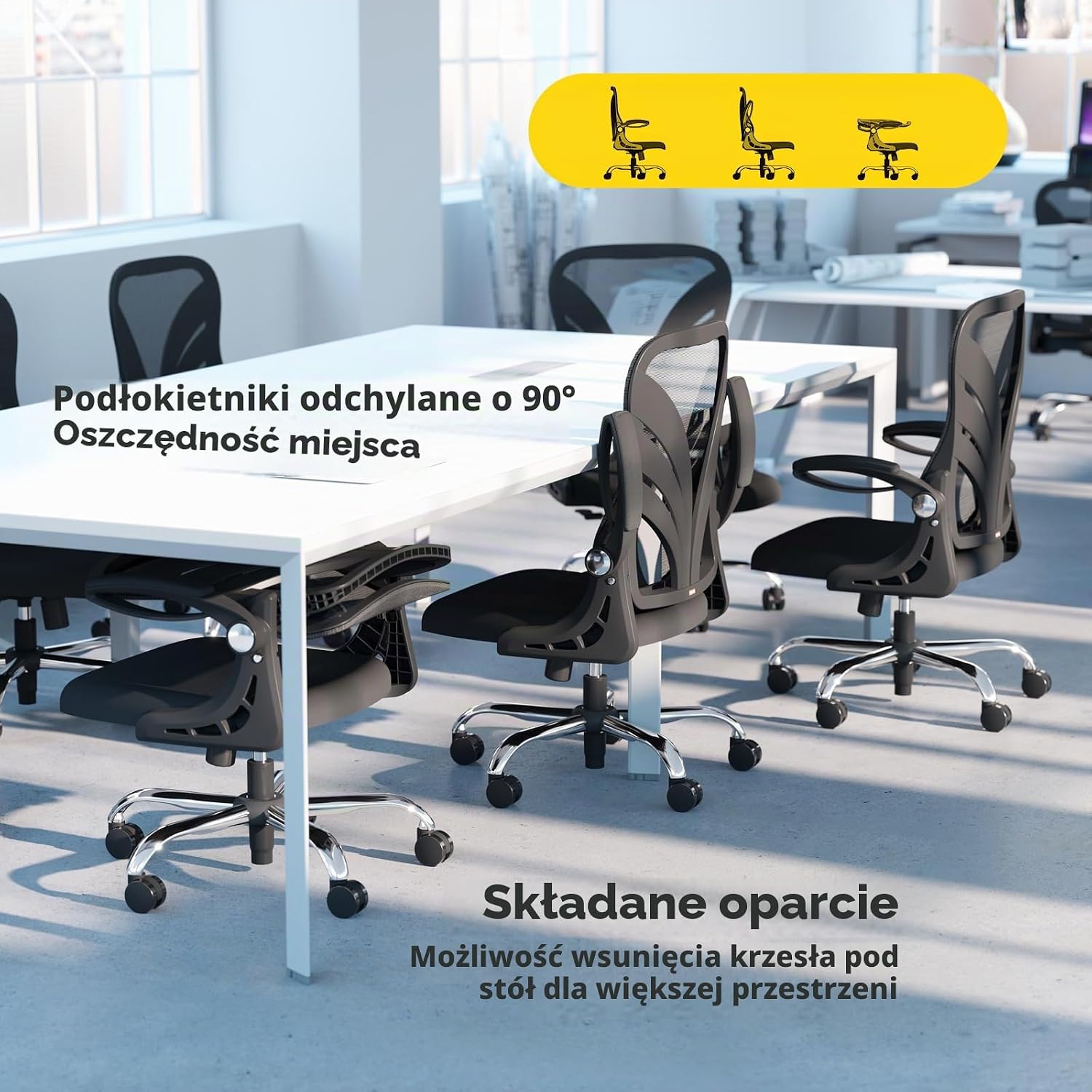 Detalle de HOLLUDLE Folder1-BK – krzesło biurowe z siedziskiem 52 cm i składanym oparciem