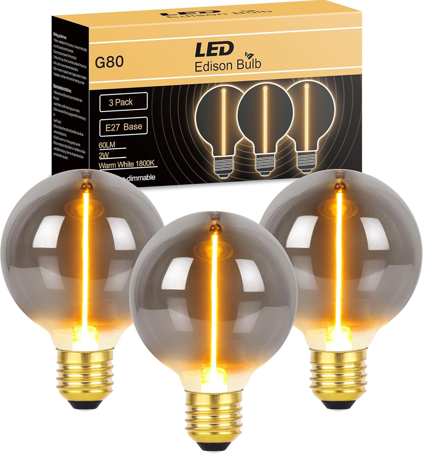 Detalle de DSLebeen E27 Edison LED Filament Bulb, G80 Vintage Smoke Glass 2W 60LM (3 Pack) 1800K Warm White