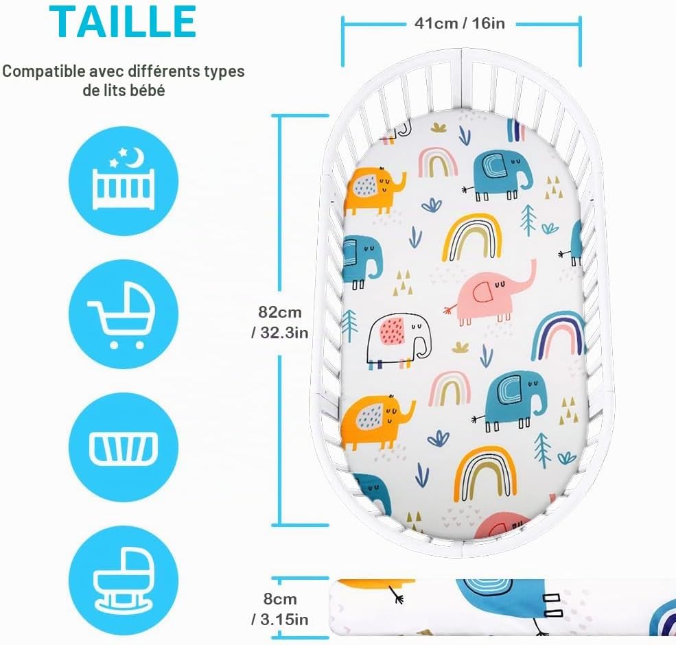 Detalle 2 de Aolso set van 2 hoeslakens voor wieg, 84 x 41 cm, polyester met olifant- en wolkenprint