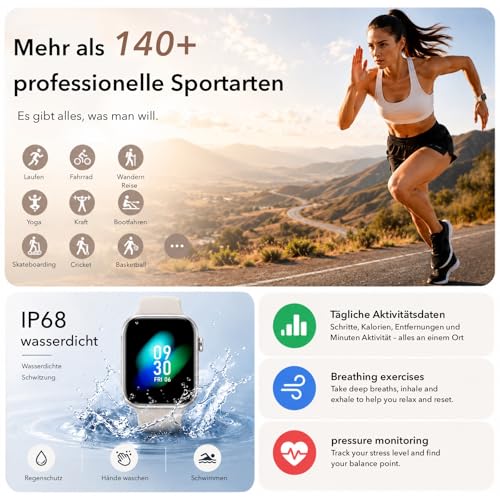 Detalle 2 de AOYBWK Smartwatch Damen/Herren – 1,85" HD Touch Fitnessuhr mit Telefonfunktion, 140+ Sportmodi, IP68 Wasserdicht