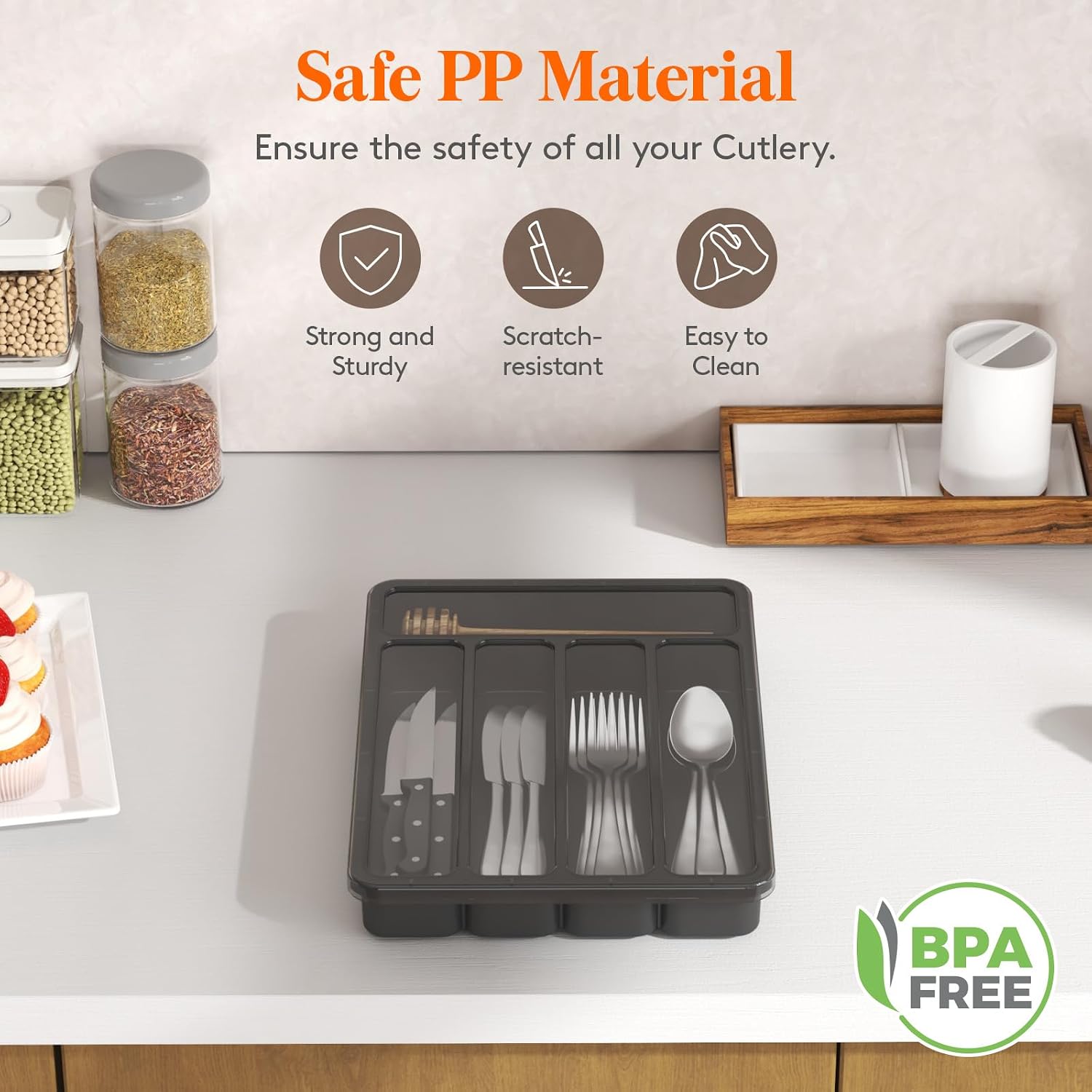 Detalle 1 de Lifewit 24099 Cutlery Tray with Lid, 5 Compartments, Black