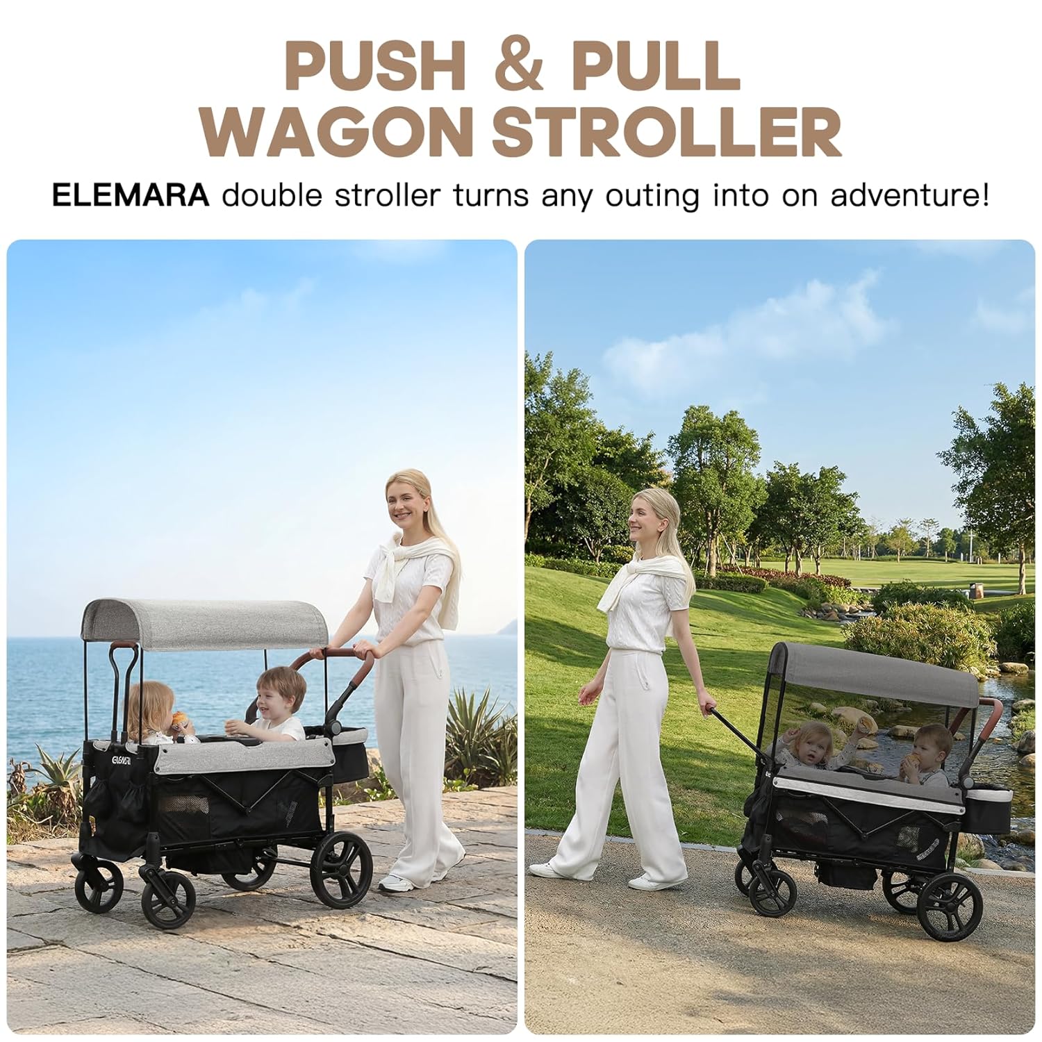 Detalle 2 de ELEMARA All-Terrain Stroller Wagon for 2 Kids (Foldable, Mosquito Net, Adjustable Push/Pull Handle)