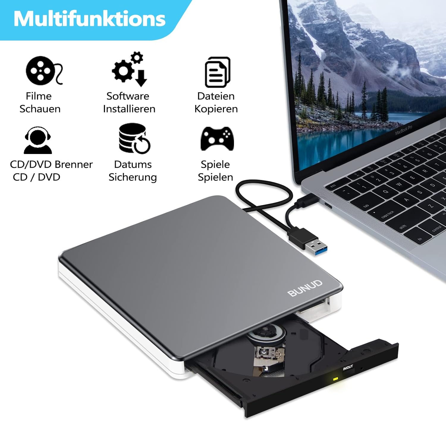 Thumbnail 3 de BUNUD externes CD/DVD-Laufwerk für Laptop (USB-C/USB 3.0) mit SD/TF & 2 USB-Ports