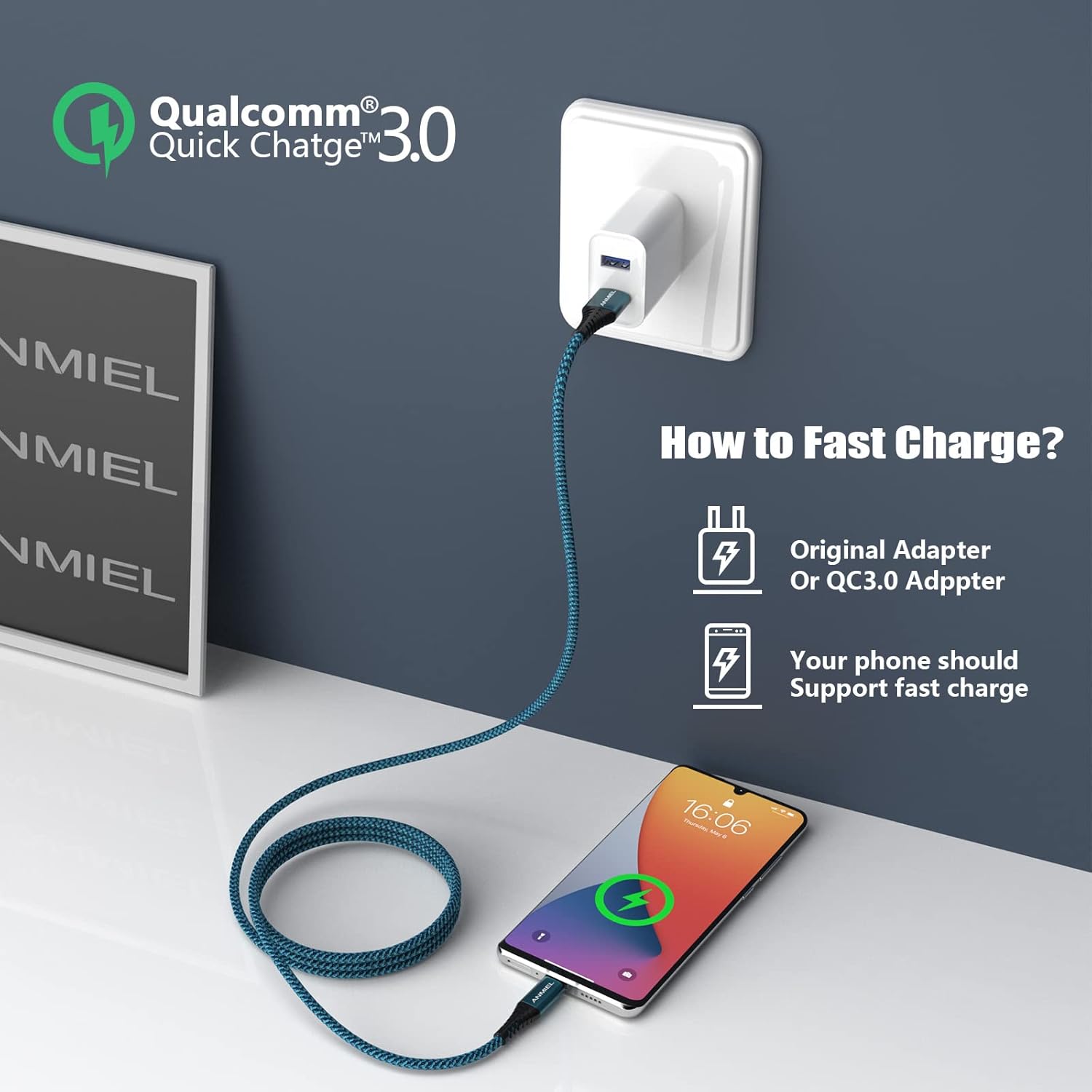 Thumbnail 2 de ANMIEL USB C Cable 2 Pack 3M – Nylon Braided Type C Charger Cord, 3A Fast Charge QC3.0, 10ft USB A to USB C
