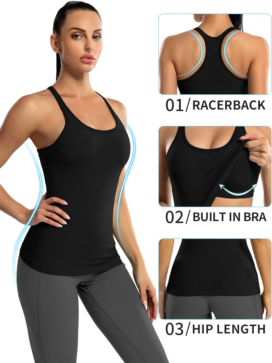 Thumbnail 5 de ATTRACO Ribbed Workout Tank Tops with Built-In Bra: Comfortable Hip-Length Racerback Top