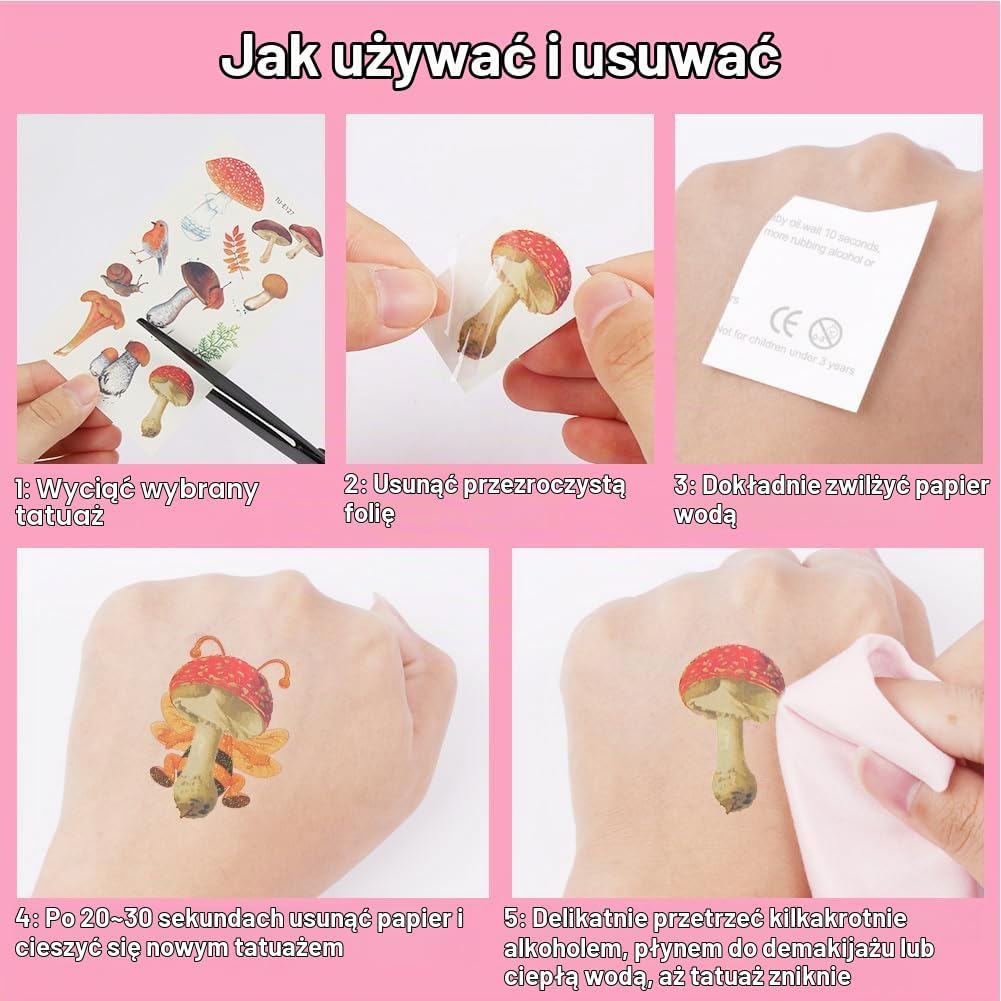 Detalle de AOOWU – zestaw 10 arkuszy tatuaży tymczasowych z grzybkami dla dzieci
