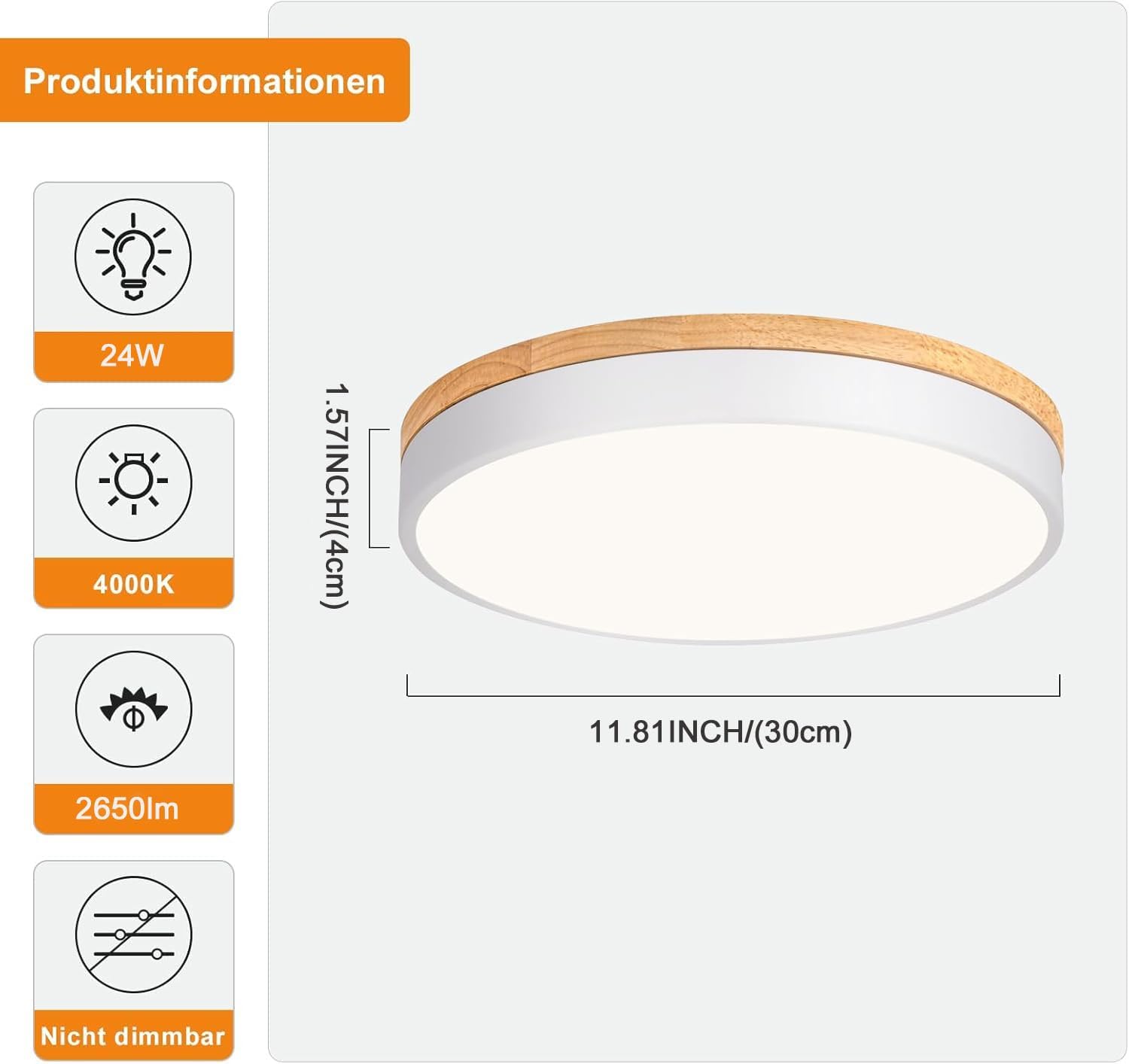 Thumbnail 2 de Qamra Deckenlampe LED Deckenleuchte Holz 30 cm, 24W | Flach 4 cm Höhe, 4000K