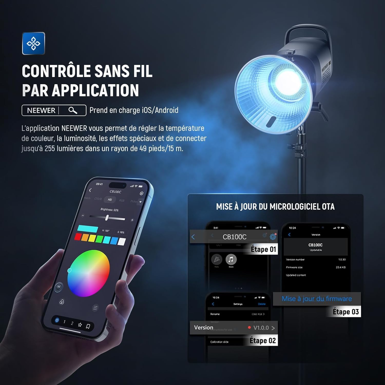 Detalle de NEEWER CB100C 130W RGB COB Bowens : projecteur vidéo continu avec contrôle 2,4G et application