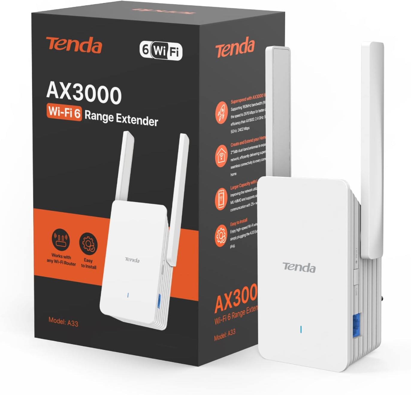 Detalle de Tenda A33 Repetidor Wi‑Fi 6 AX3000