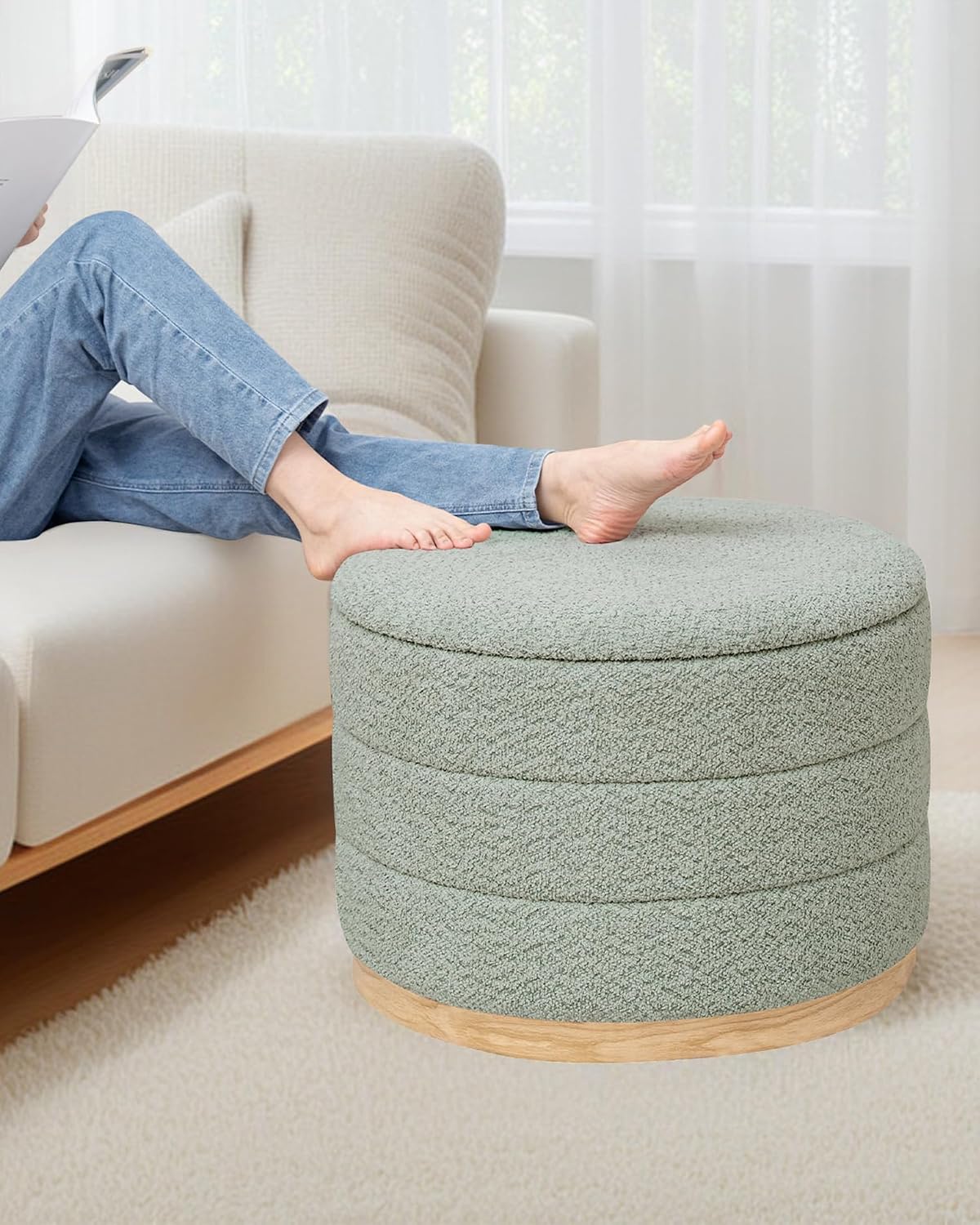 Detalle 2 de PINPLUS Green Chenille Folding Storage Ottoman, Round, 150 kg Capacity