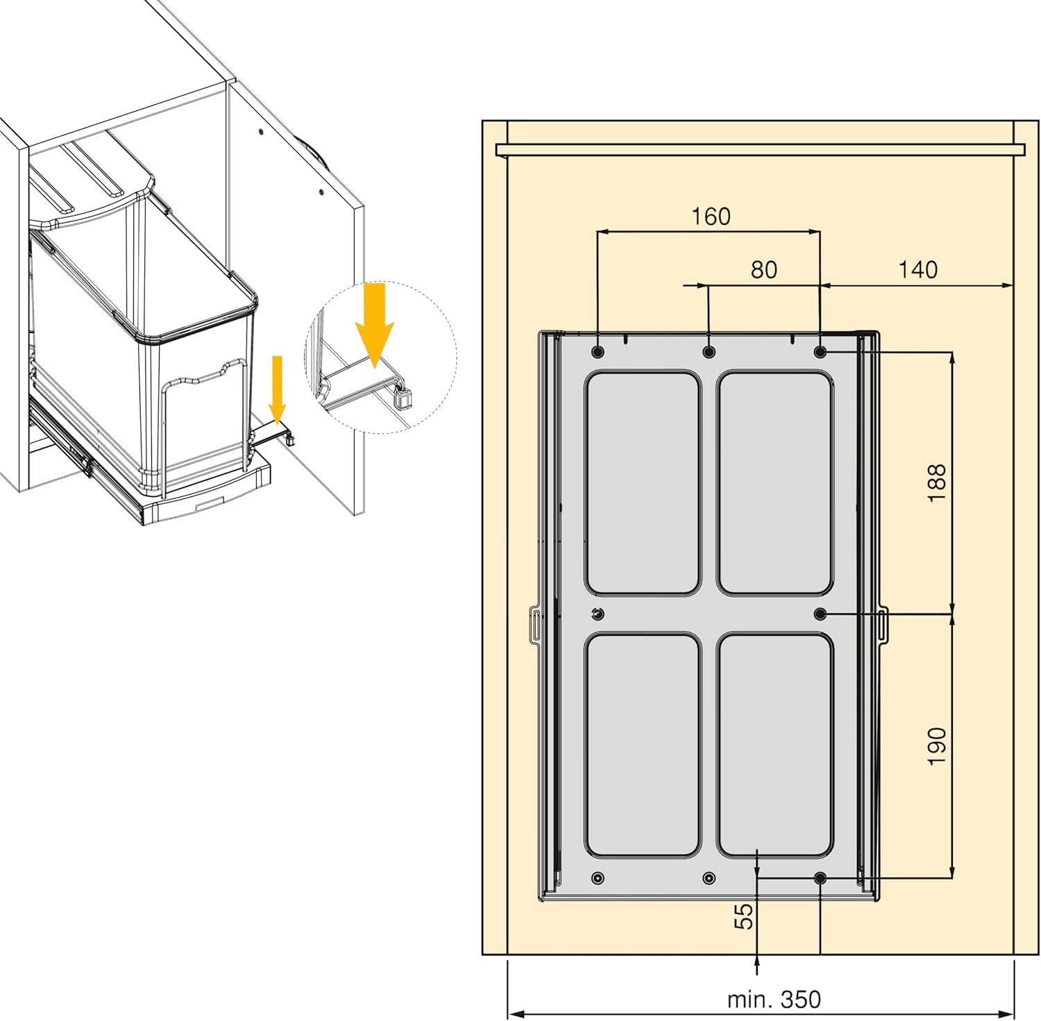 Detalle 2 de Emuca Poubelle de tri sélectif pour meuble de cuisine – 24 L, fixation par le bas, extraction manuelle/automatique