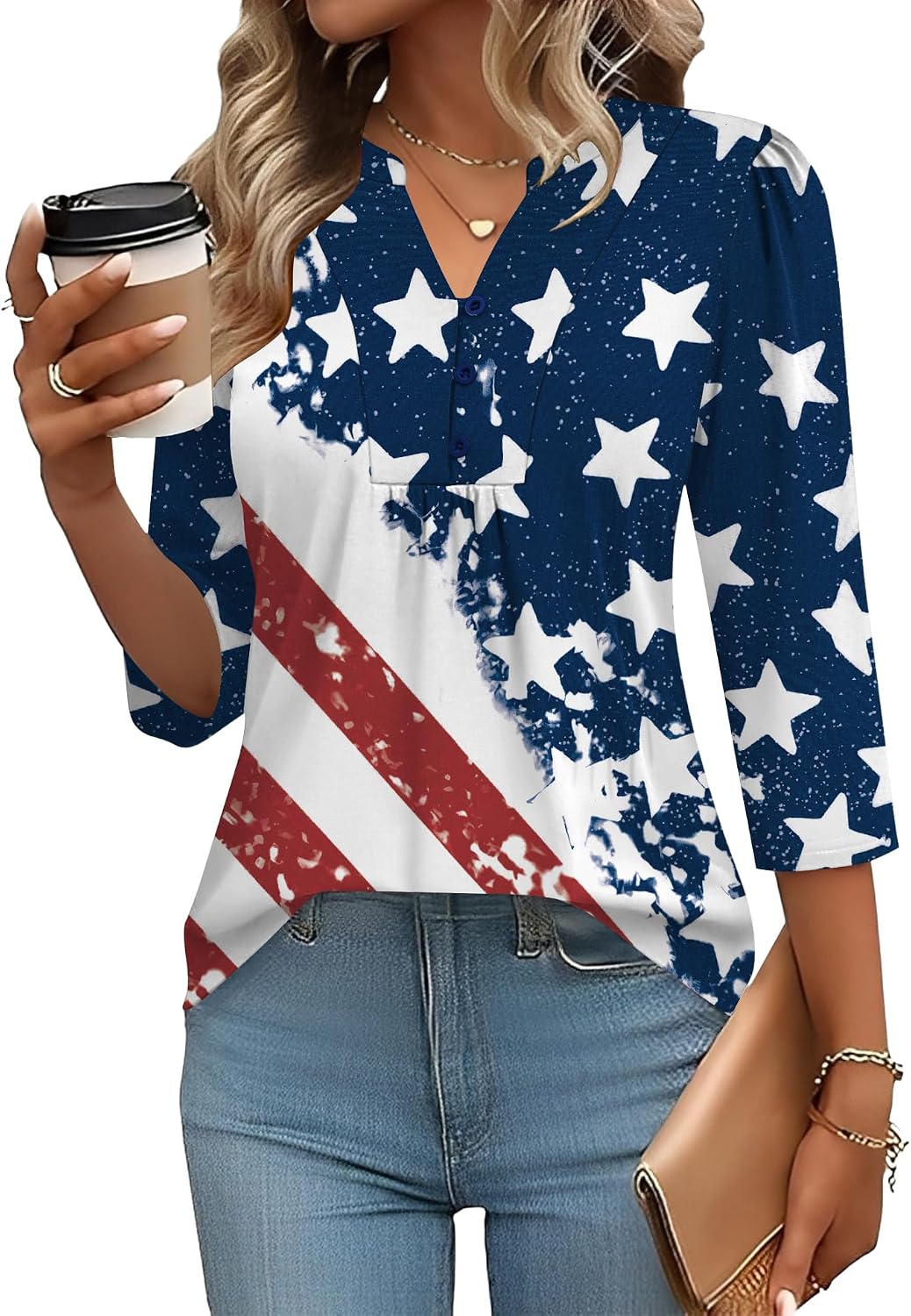 Thumbnail 6 de IECCP 3/4 Sleeve Henley V-Neck Womens Tops — pleated loose-fit dressy casual blouses
