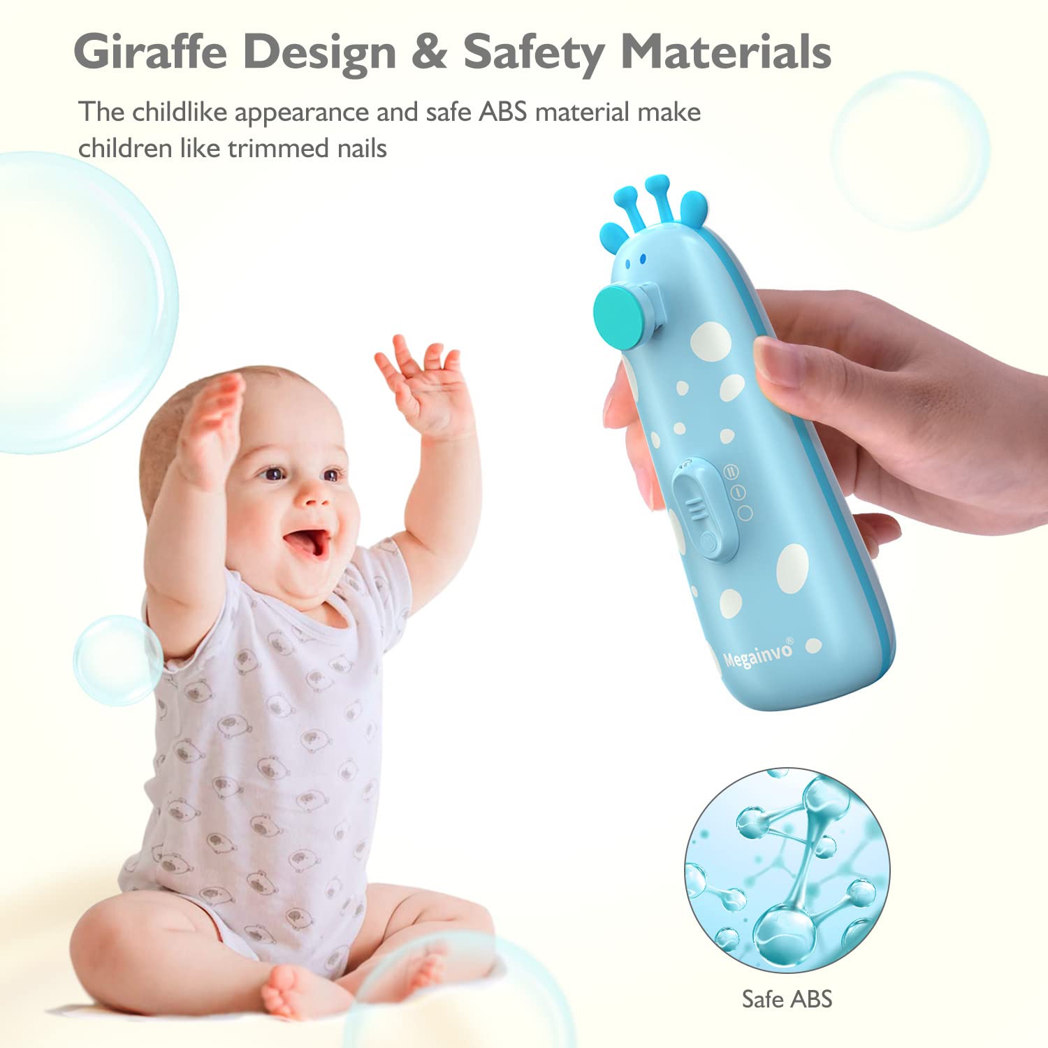 Detalle de Megainvo Baby Elektrische Nagelfeile (Nagelpflegeset) mit Schleifköpfen, Licht & einstellbarer Geschwindigkeit