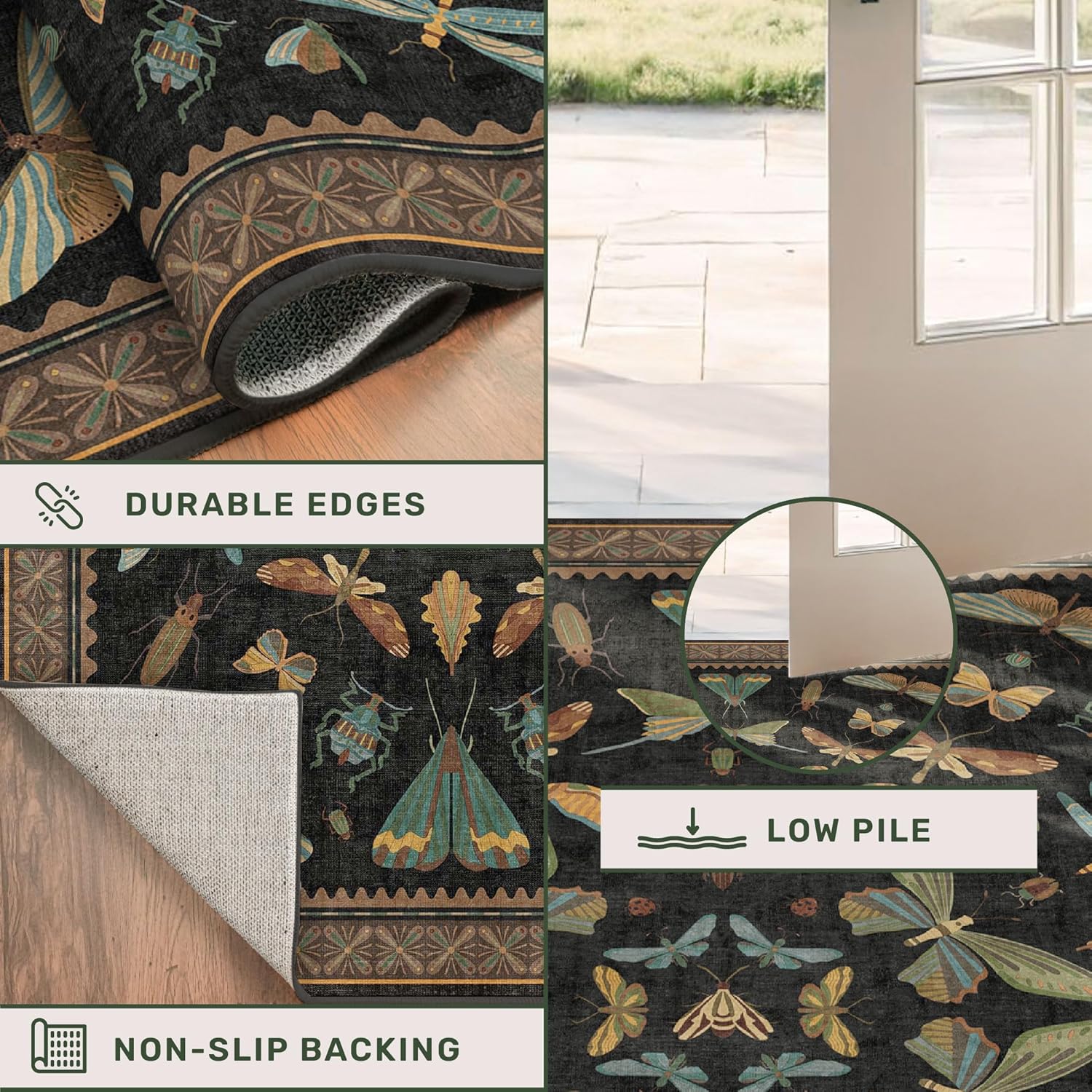 Thumbnail 4 de Hazo Haus Black Insect 2'6" x 12' Washable Runner Rug for Hallways, Kitchen & Entryway