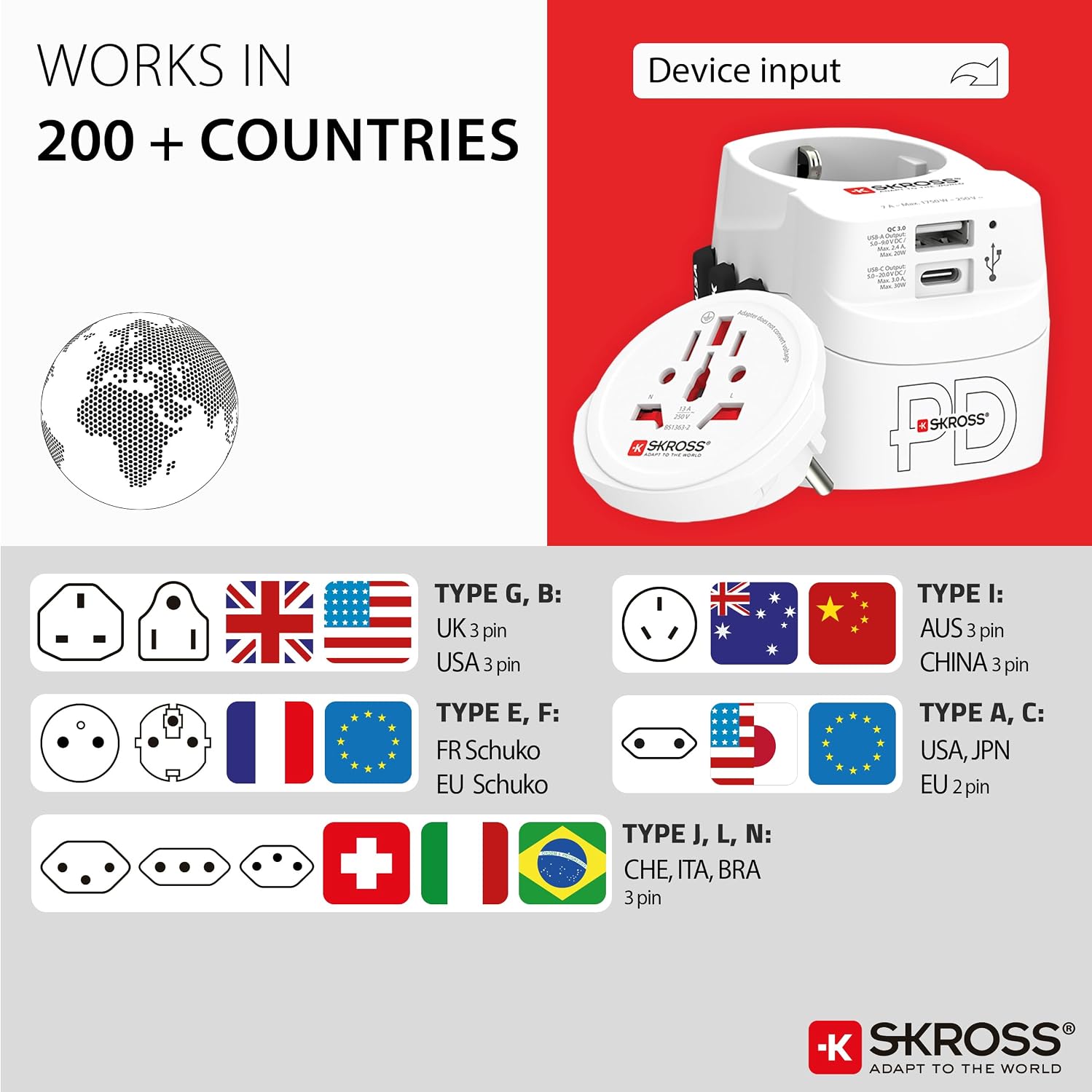 Detalle de SKROSS PRO Light AC30PD World Universal Travel Adapter
