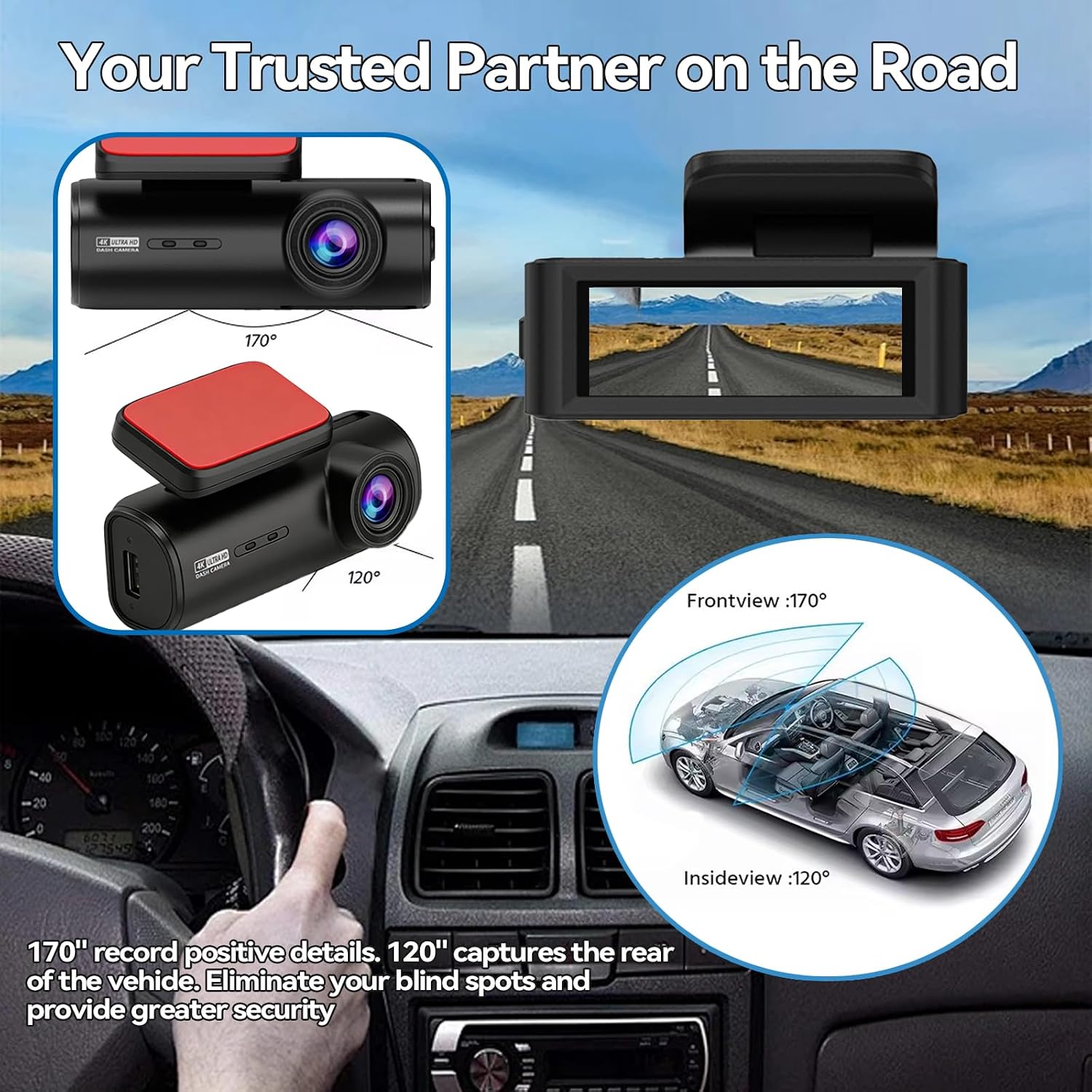 Thumbnail 6 de 4K+1080P Dual Dash Cam Front and Rear: 3.2-inch IPS Display, 32GB Card Included, Night Vision and 24H Parking