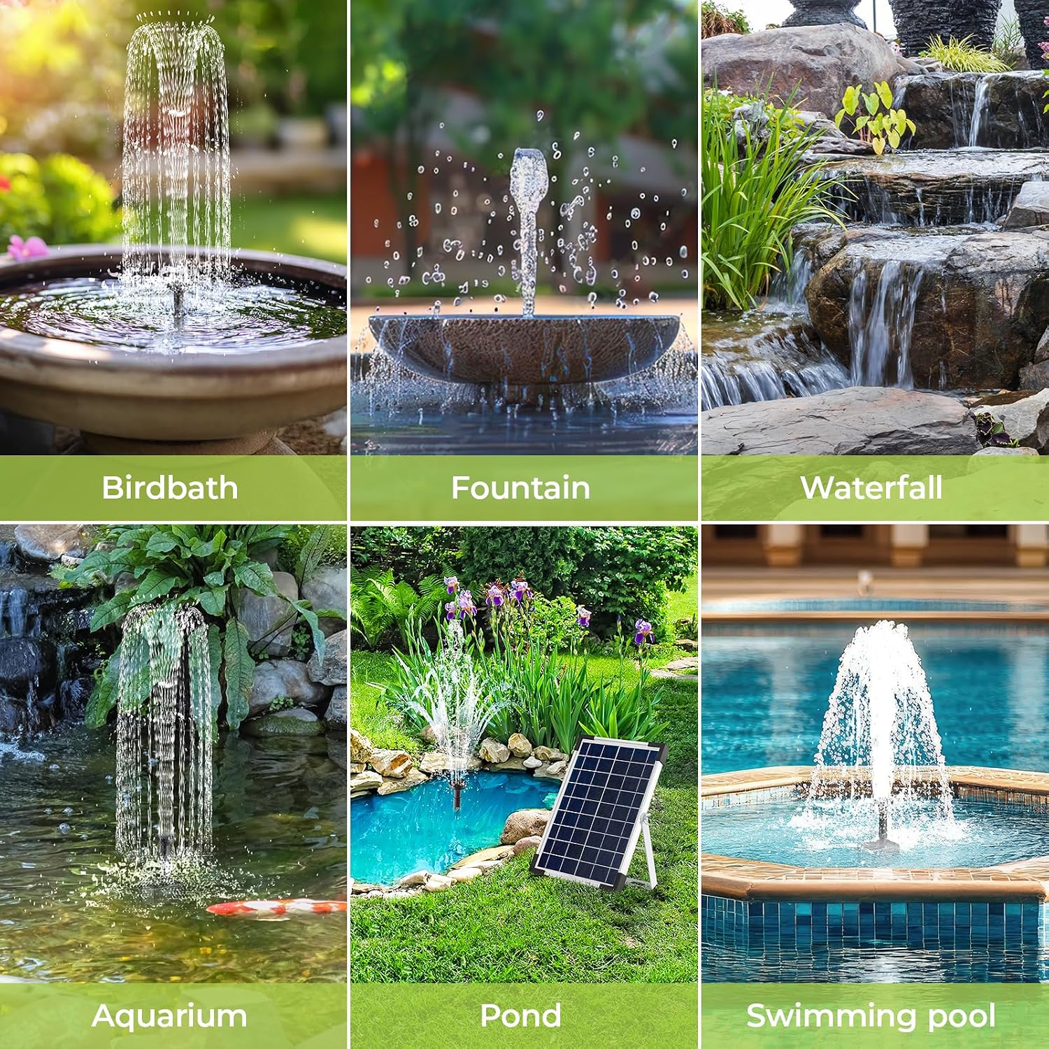 Detalle de Clevich Solar Teichpumpe 5W – Solar Springbrunnen für außen mit 1 m Schlauch, 9 Düsen und 3,25 m Kabel