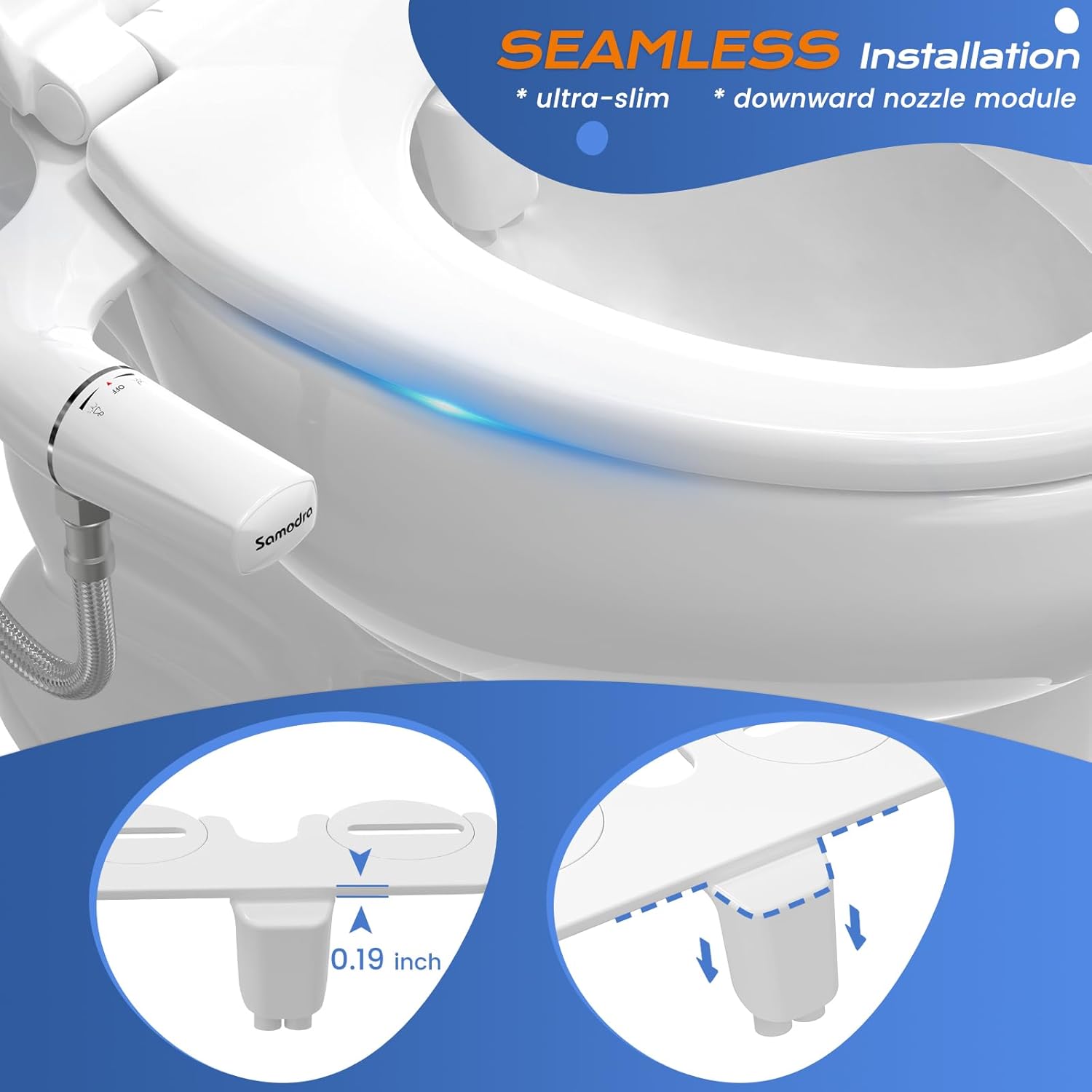 Detalle de SAMODRA Ultra-Slim Cold Water Bidet “Classic 7.0” non-electric dual nozzle toilet seat attachment