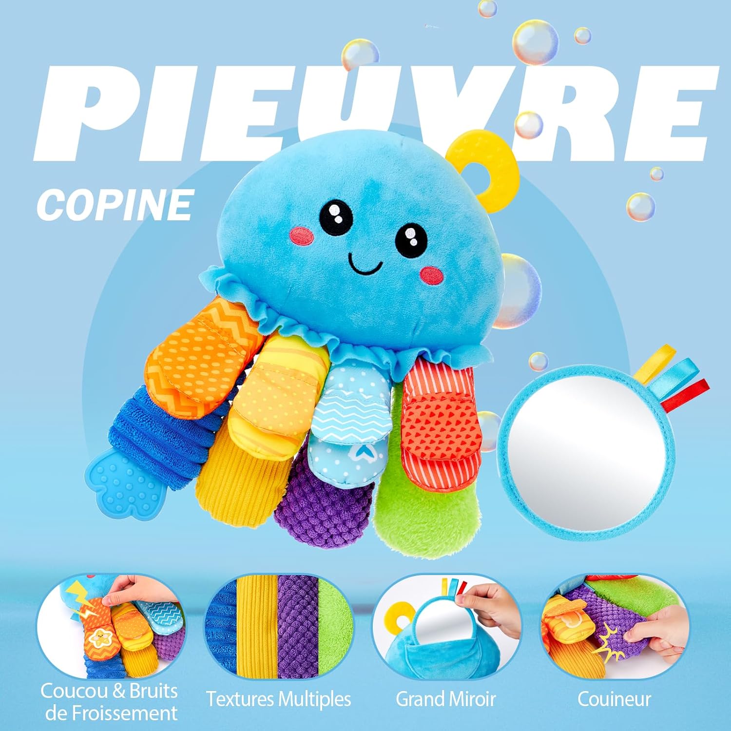 Thumbnail 2 de hahaland Jouet bébé d’éveil 0-3/6 mois : pieuvre sensorielle avec anneau de dentition, miroir et jouets tummy time